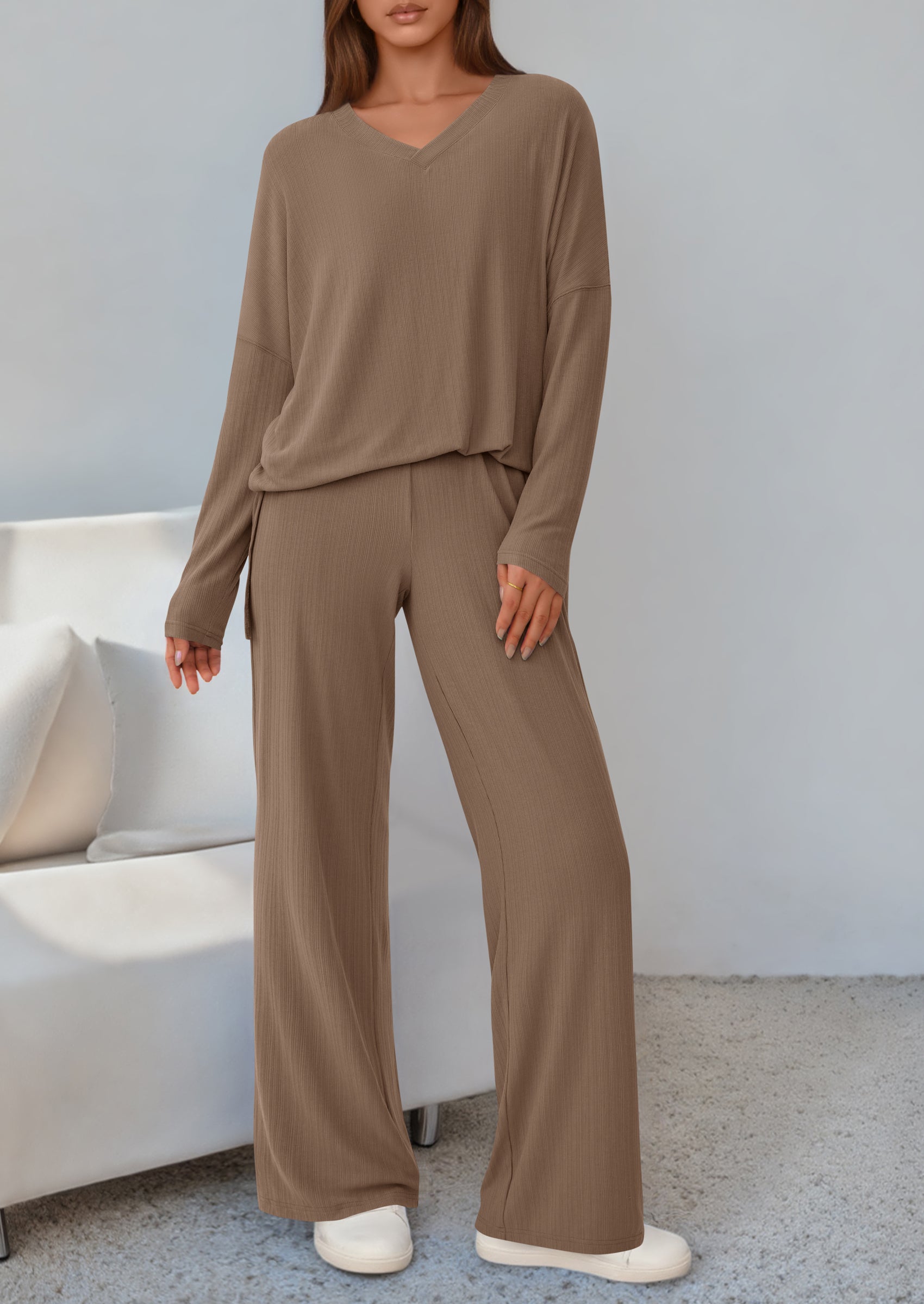 Osonn 2 Piece Lounge Sets for Women Fall Outfits Casual Loose Long Sleeve Tops Wide Leg Pants Matching Pajama Set