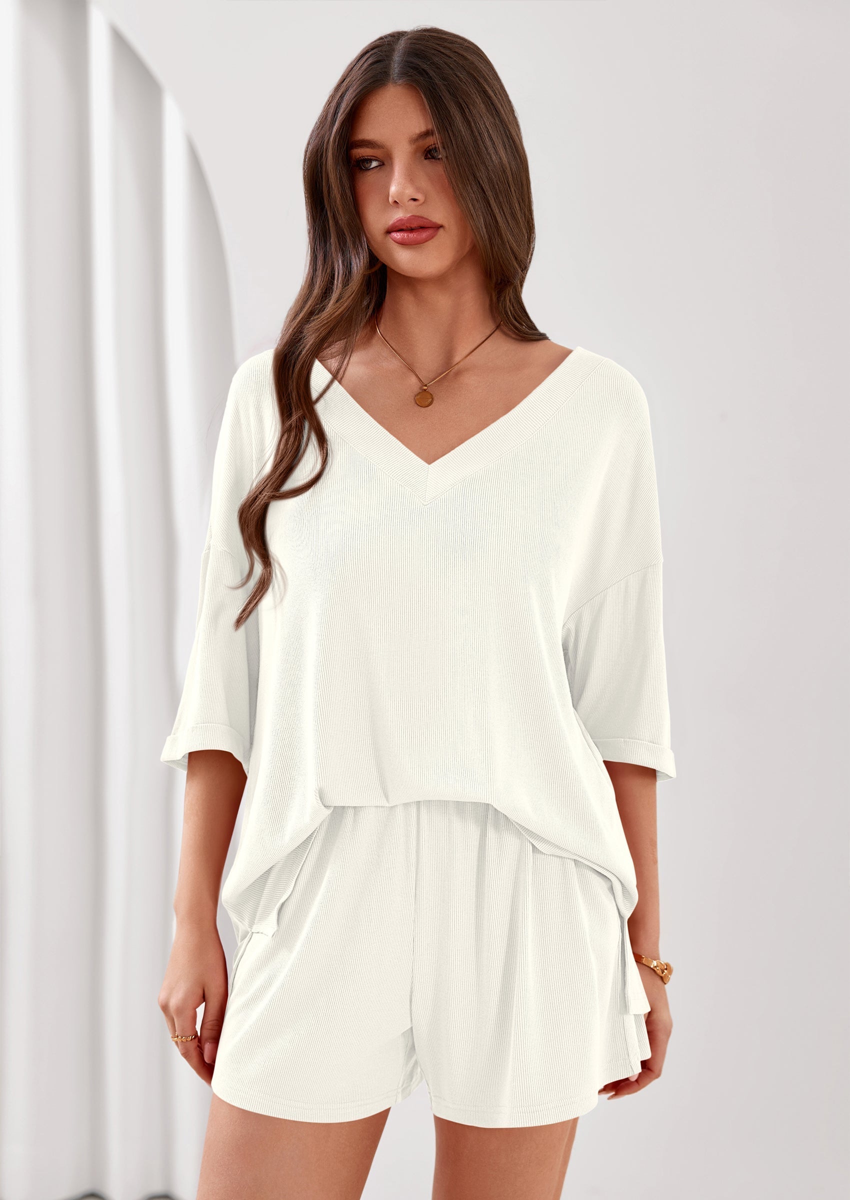Osonn Womens 2 Piece Sets Oversized Vneck Half Sleeve Tops Shorts Lounge Set Casual Summer Travel Beach Outfits