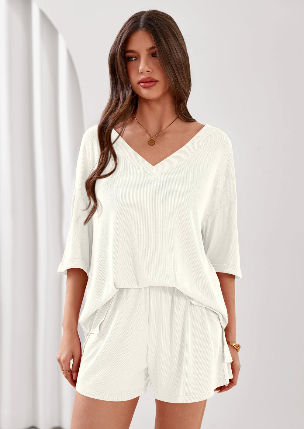 Osonn Womens 2 Piece Sets Oversized Vneck Half Sleeve Tops Shorts Lounge Set Casual Summer Travel Beach Outfits