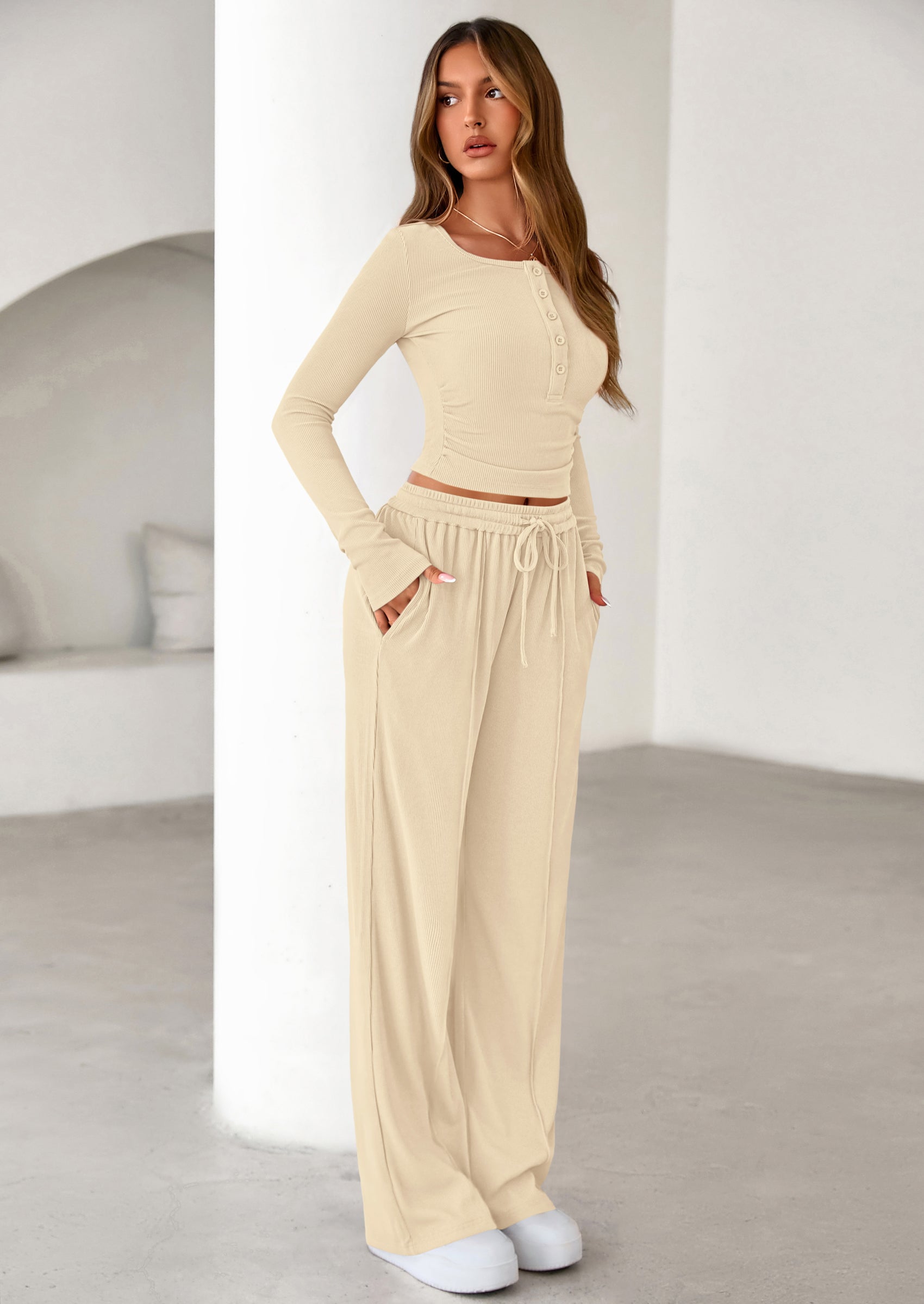 Osonn Women's Fall Trendy 2 Piece Outfits Lounge Sets Long Sleeve Top Henley Shirts Wide Leg Pants Travel Clothes