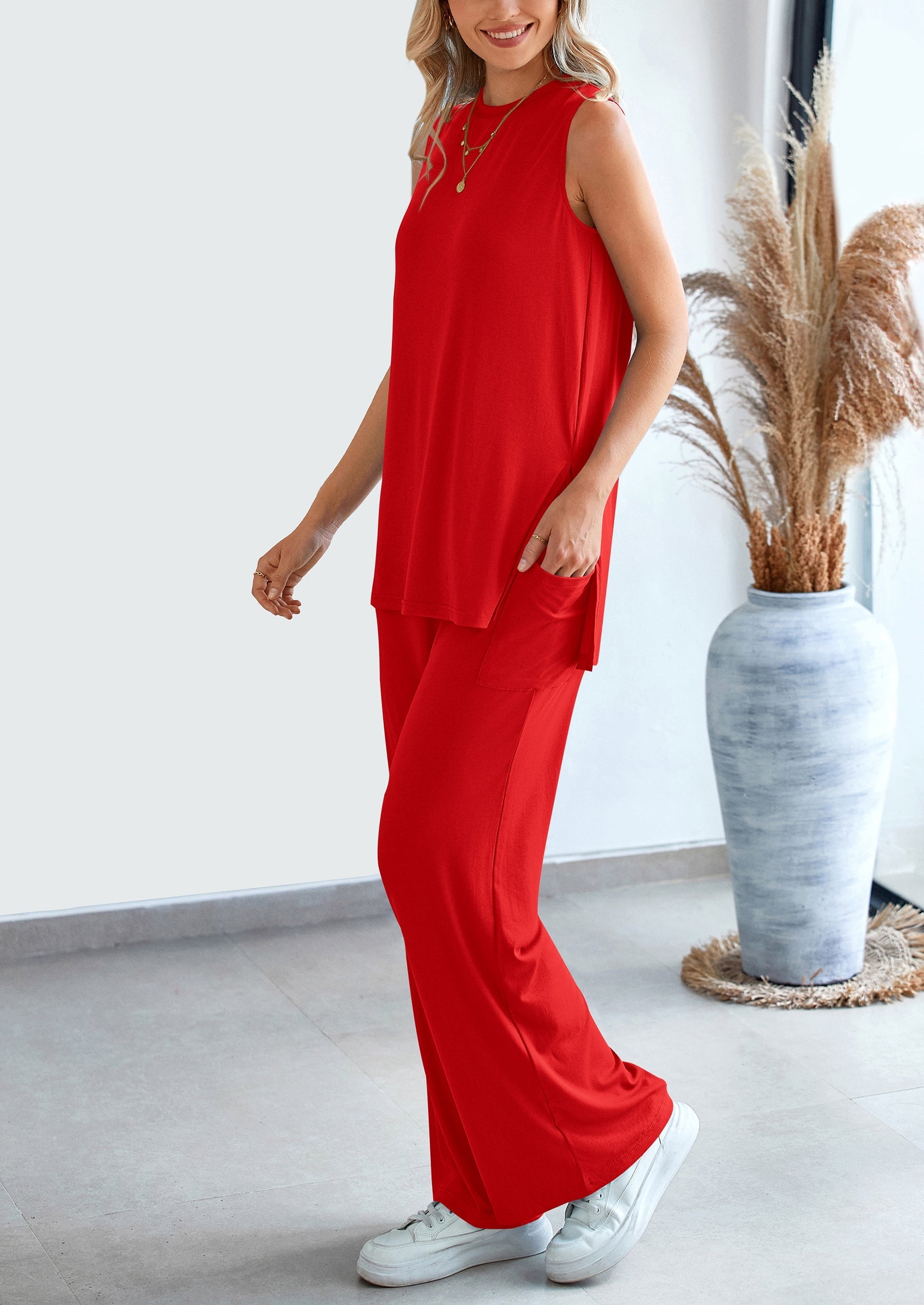 Osonn 2 Piece Set Loose Tank Top Wide Leg Pants Casual Matching Outfits Tracksuit