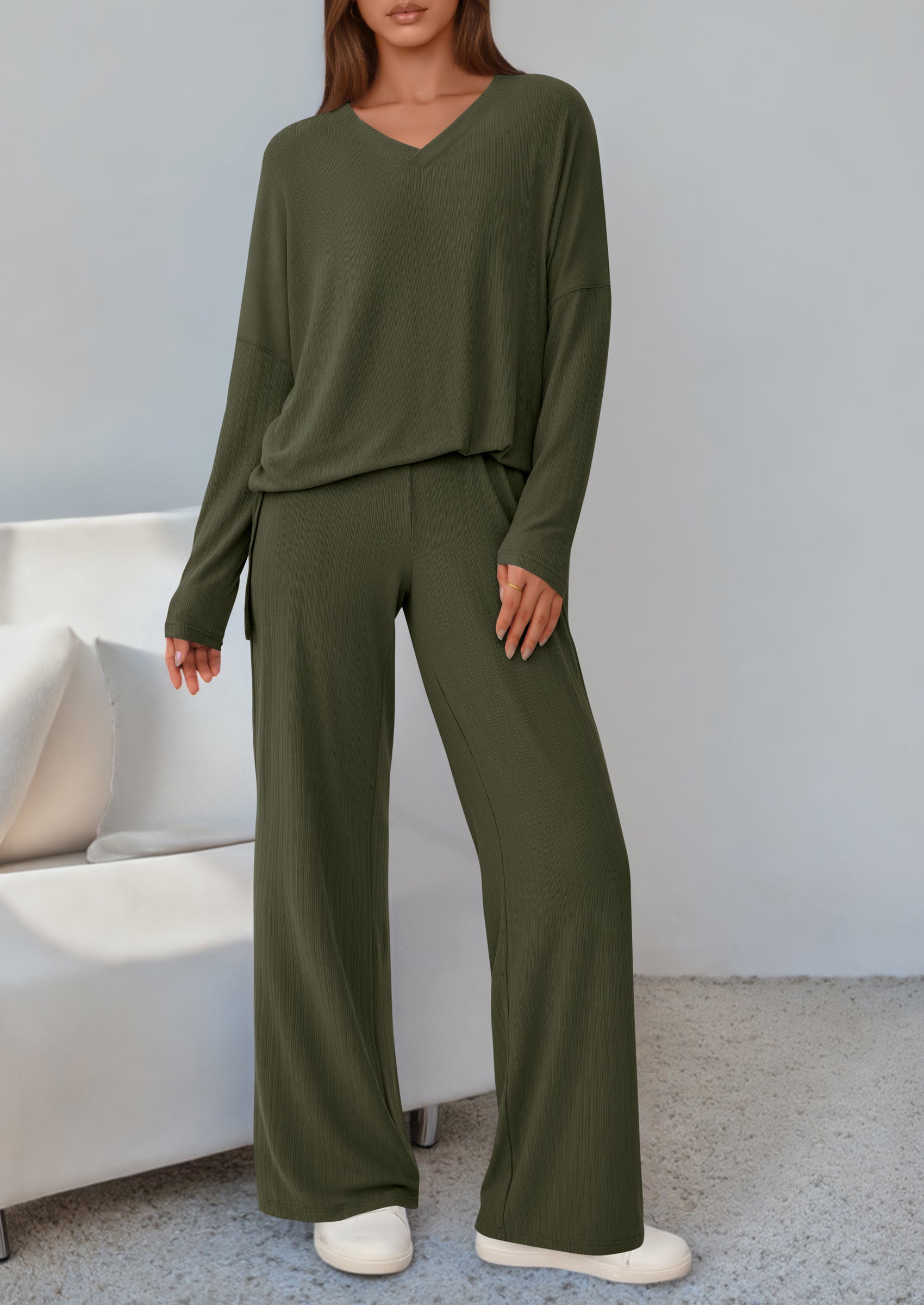Osonn 2 Piece Lounge Sets for Women Fall Outfits Casual Loose Long Sleeve Tops Wide Leg Pants Matching Pajama Set