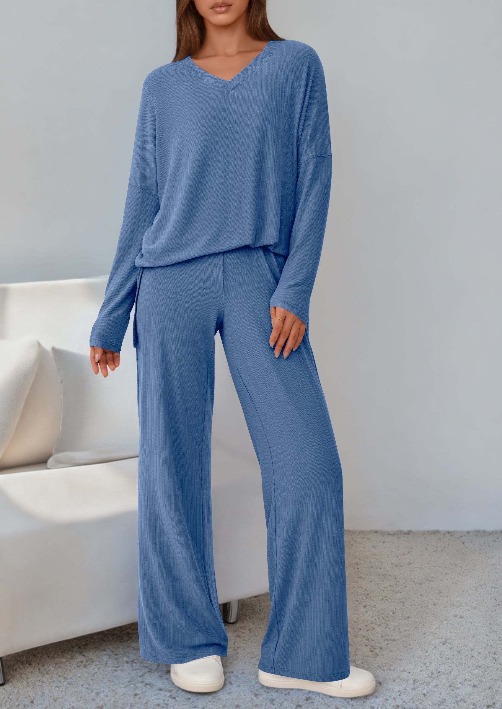 Osonn 2 Piece Lounge Sets for Women Fall Outfits Casual Loose Long Sleeve Tops Wide Leg Pants Matching Pajama Set