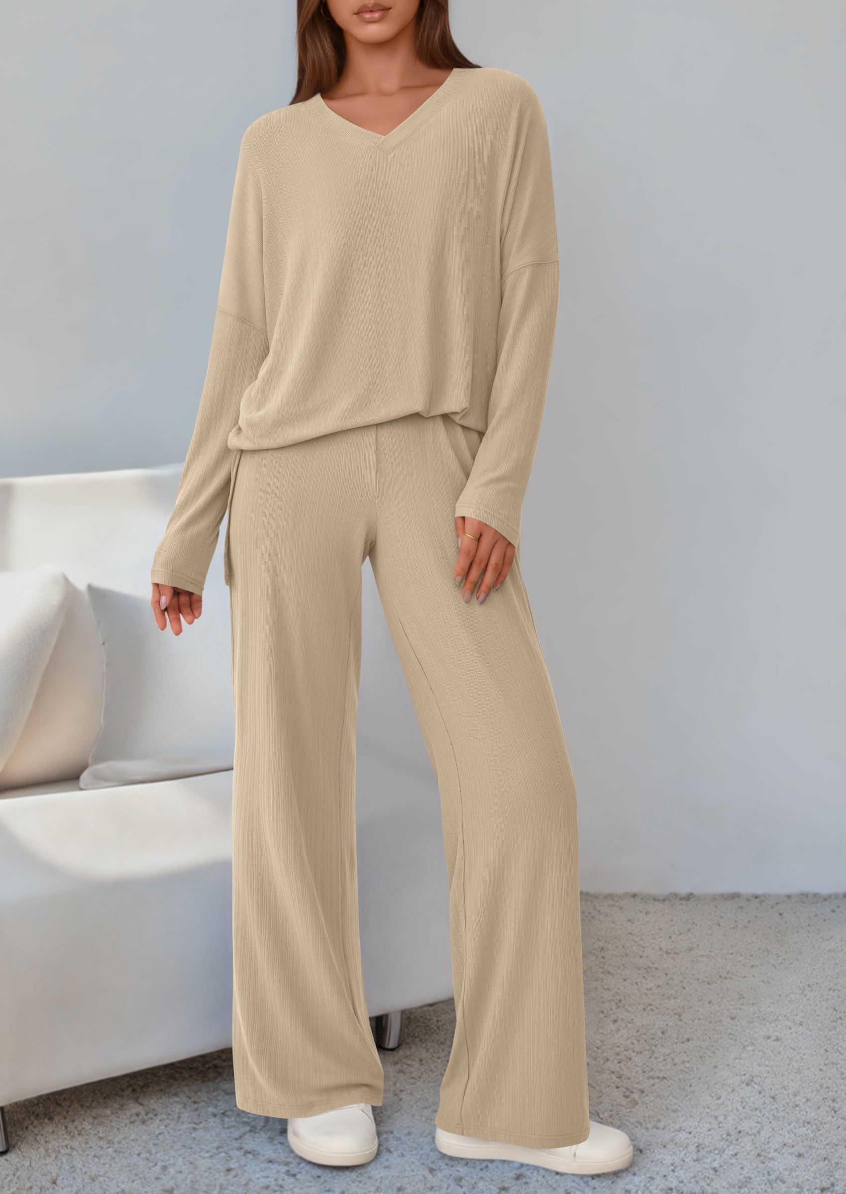 Osonn 2 Piece Lounge Sets for Women Fall Outfits Casual Loose Long Sleeve Tops Wide Leg Pants Matching Pajama Set