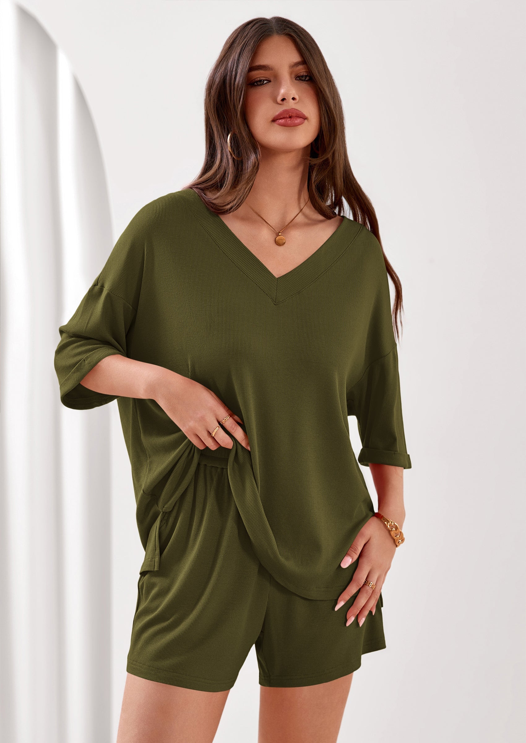 Osonn Womens 2 Piece Sets Oversized Vneck Half Sleeve Tops Shorts Lounge Set Casual Summer Travel Beach Outfits