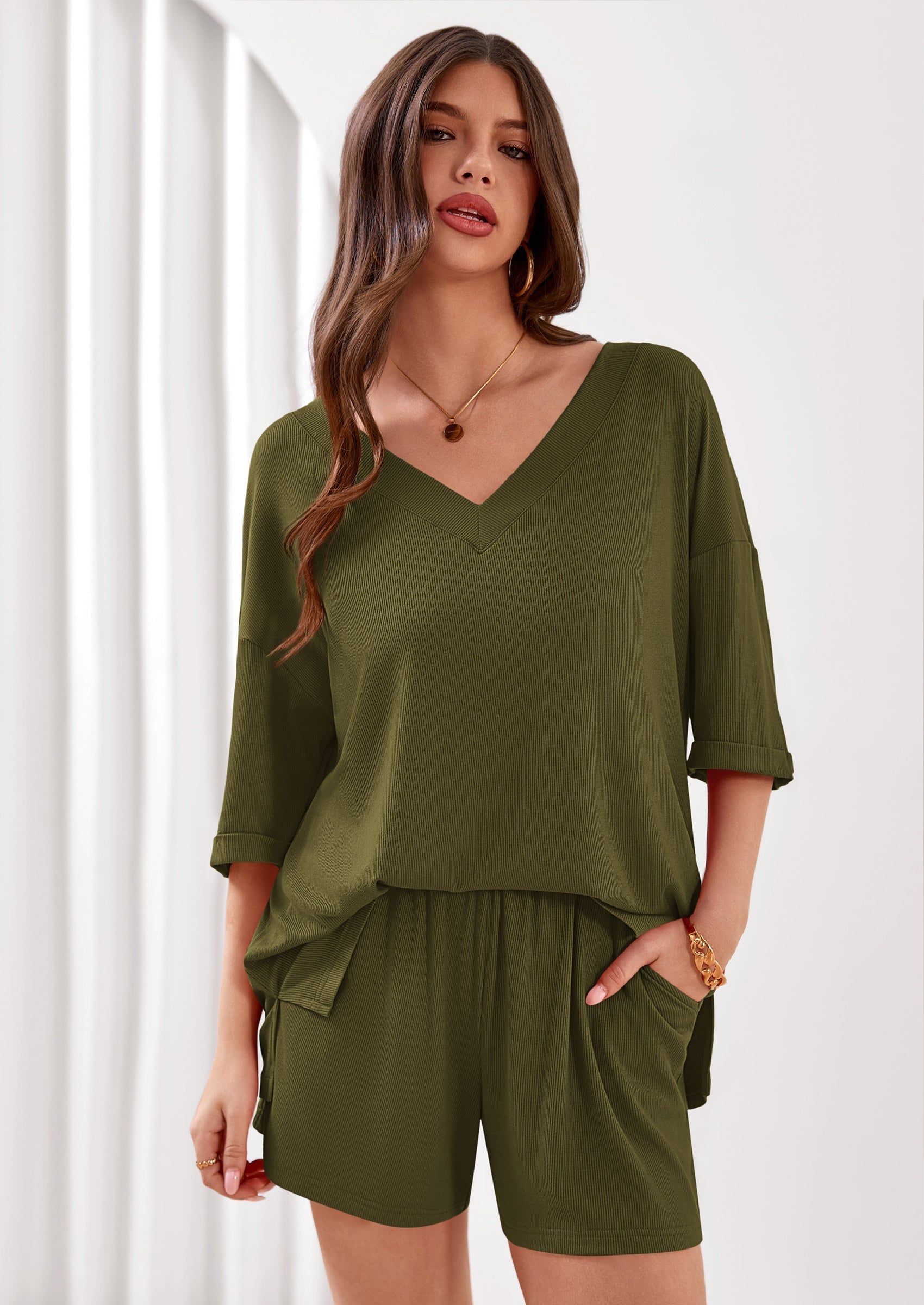 Osonn Womens 2 Piece Sets Oversized Vneck Half Sleeve Tops Shorts Lounge Set Casual Summer Travel Beach Outfits