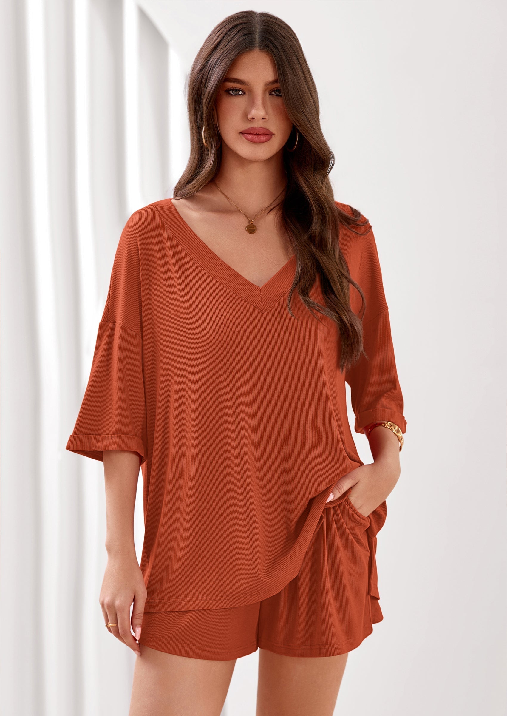 Osonn Womens 2 Piece Sets Oversized Vneck Half Sleeve Tops Shorts Lounge Set Casual Summer Travel Beach Outfits
