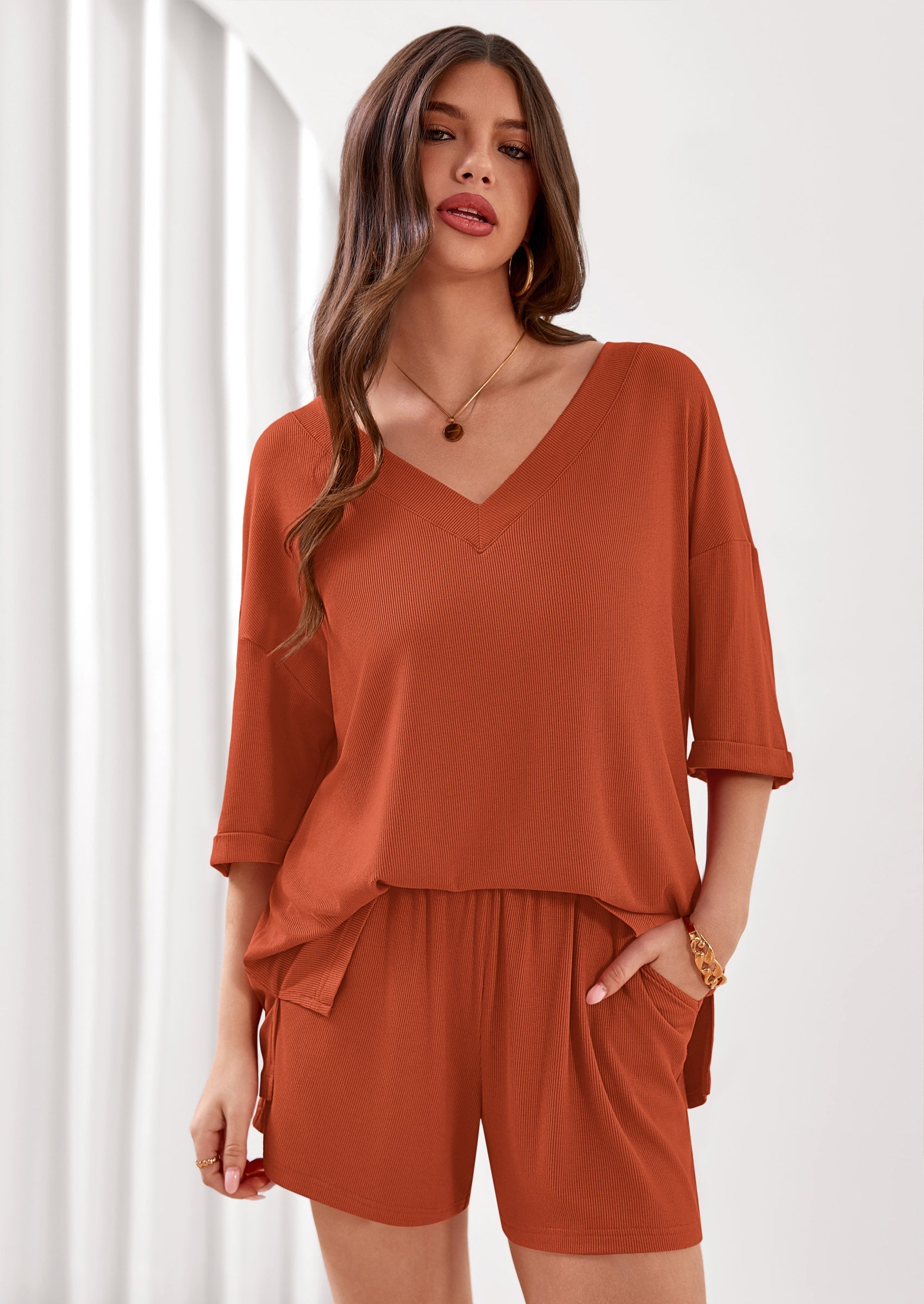 Osonn Womens 2 Piece Sets Oversized Vneck Half Sleeve Tops Shorts Lounge Set Casual Summer Travel Beach Outfits