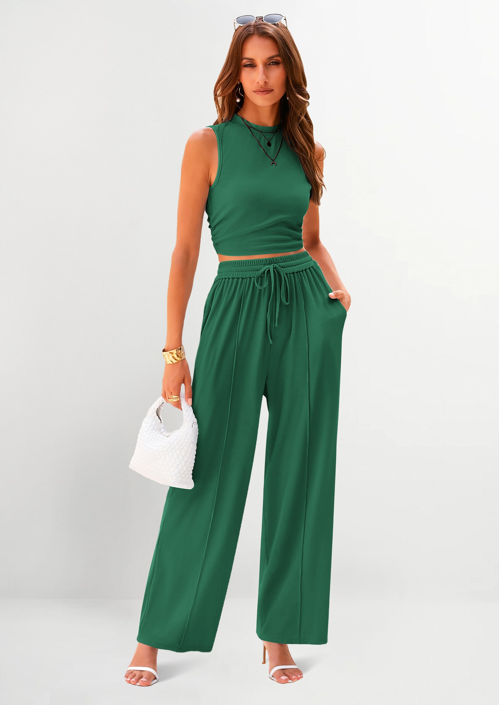 Osonn 2 Piece Sets Sleeveless Tank Ribbed Travel Vacation Lounge Wear Outfits