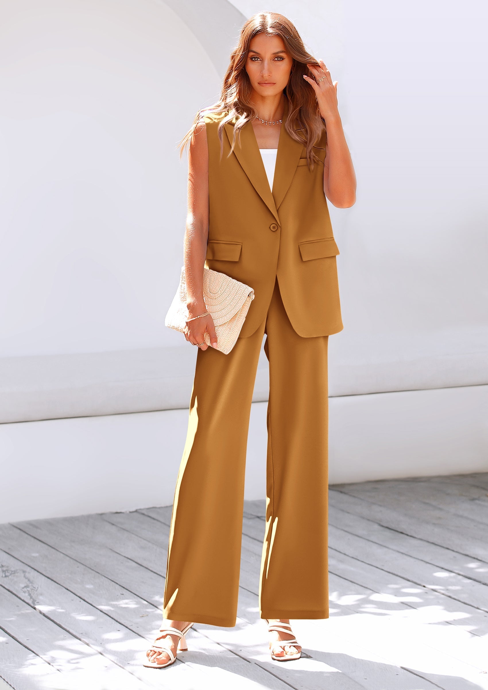 Osonn Women's 2 Piece Outfits Sleeveless Suit Vest and Wide Leg Pants Business Casual Blazer Sets