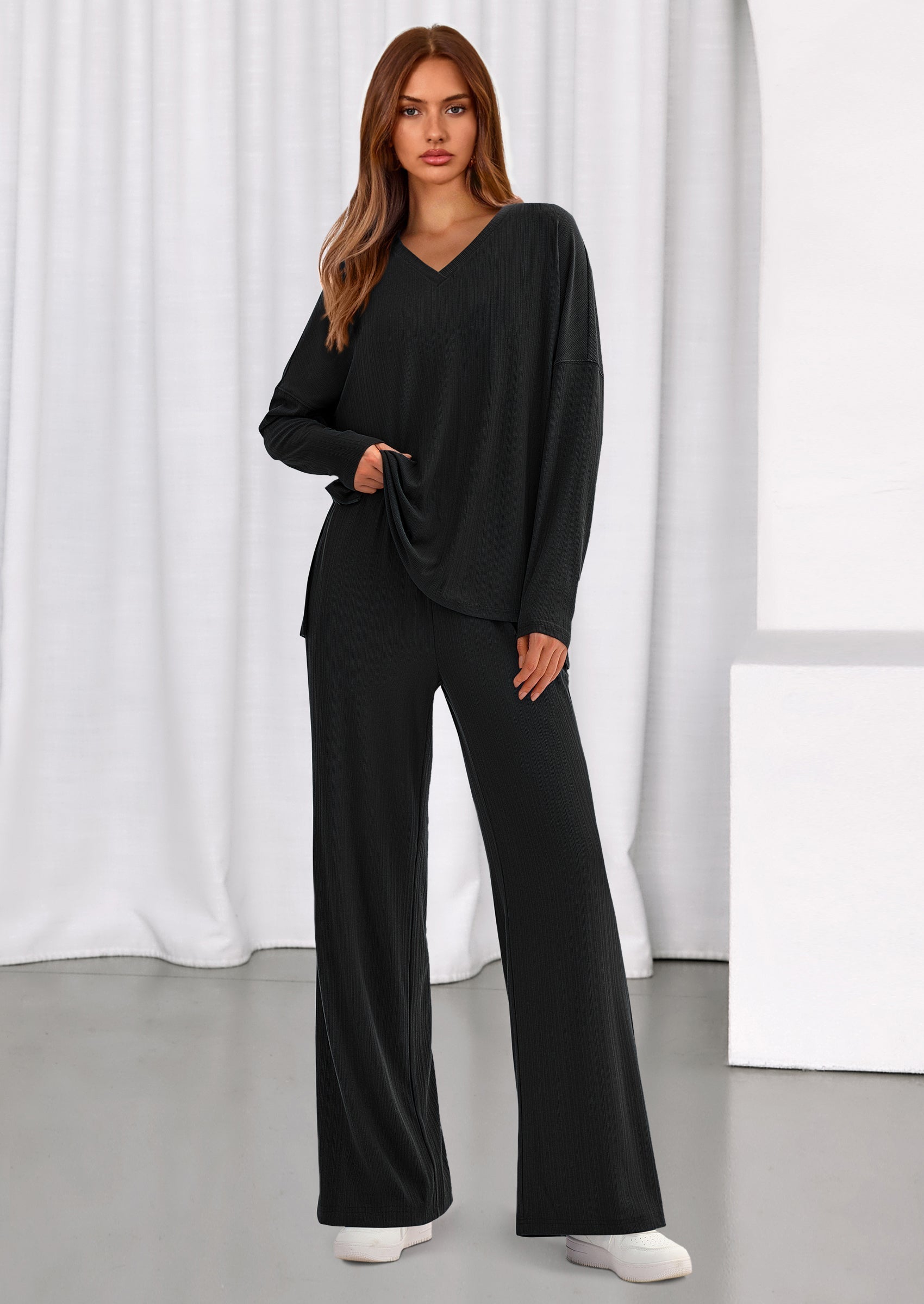 Osonn 2 Piece Lounge Sets for Women Fall Outfits Casual Loose Long Sleeve Tops Wide Leg Pants Matching Pajama Set