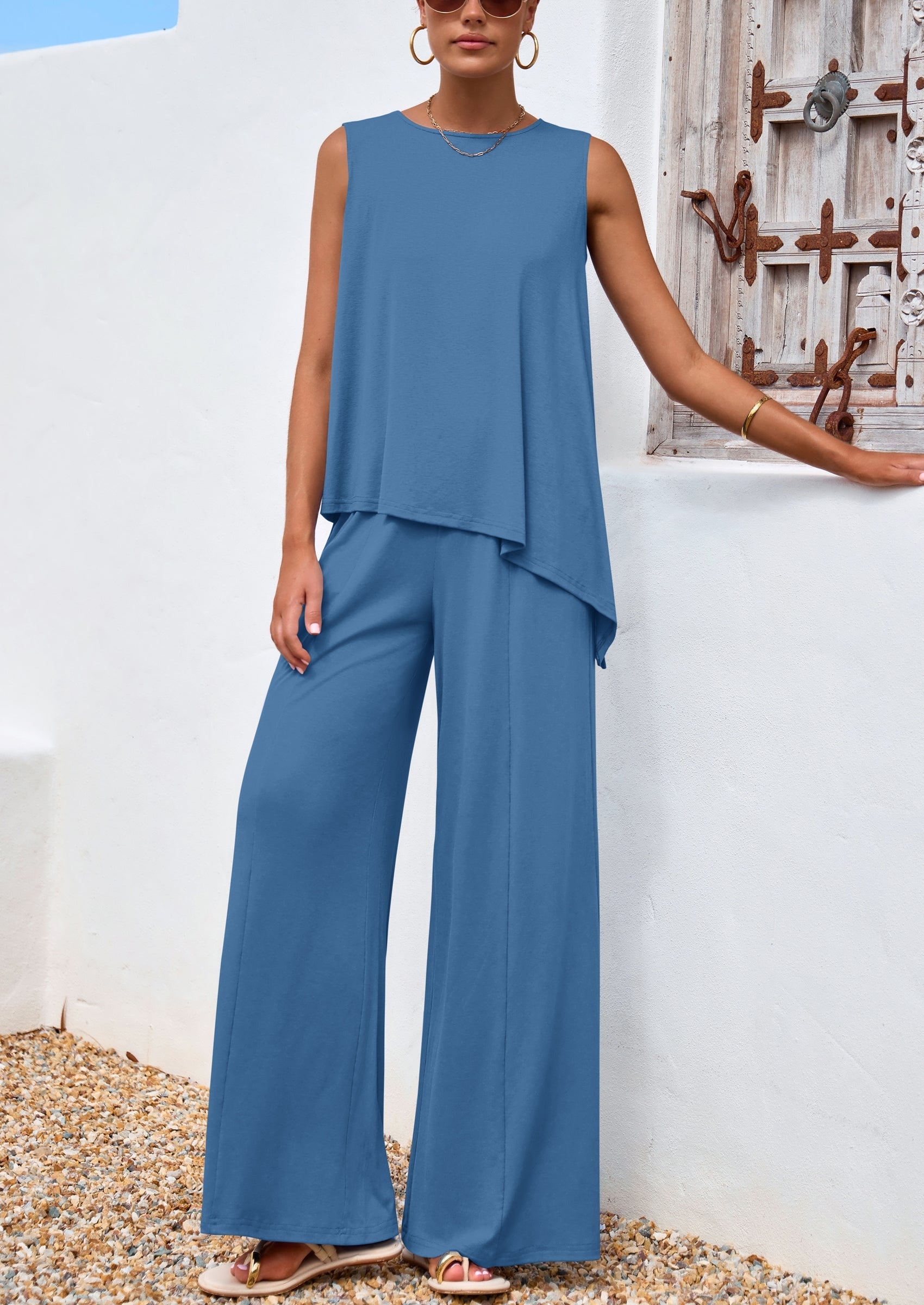 Osonn Women's Two Piece Matching Lounge Sets Asymmetrical Split Tank Tops Wide Leg Pants Summer Outfits Tracksuit