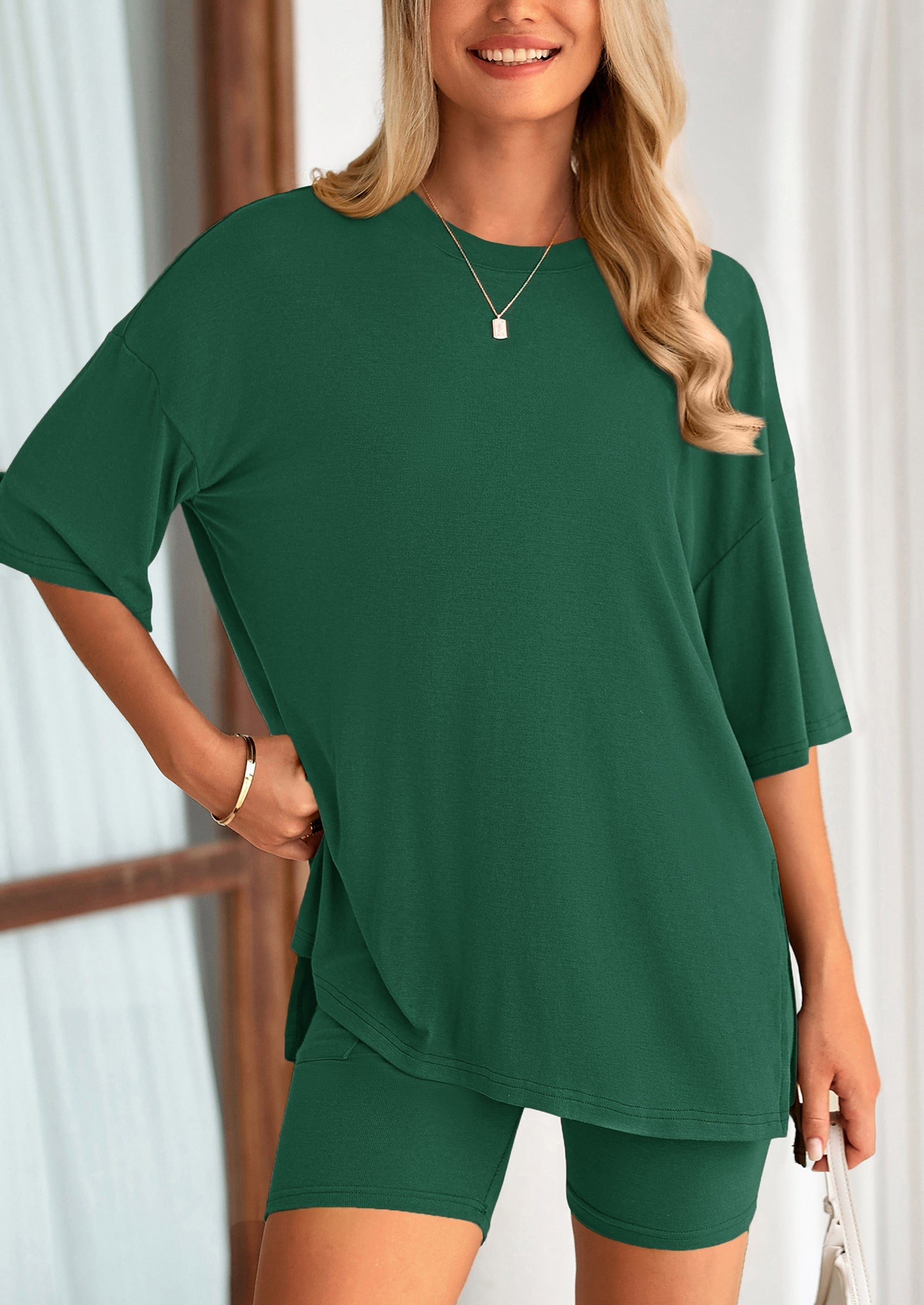 Osonn Women's Two Piece Lounge Set Summer Casual Oversized Shirts Biker Shorts Matching Airport Travel Outfit