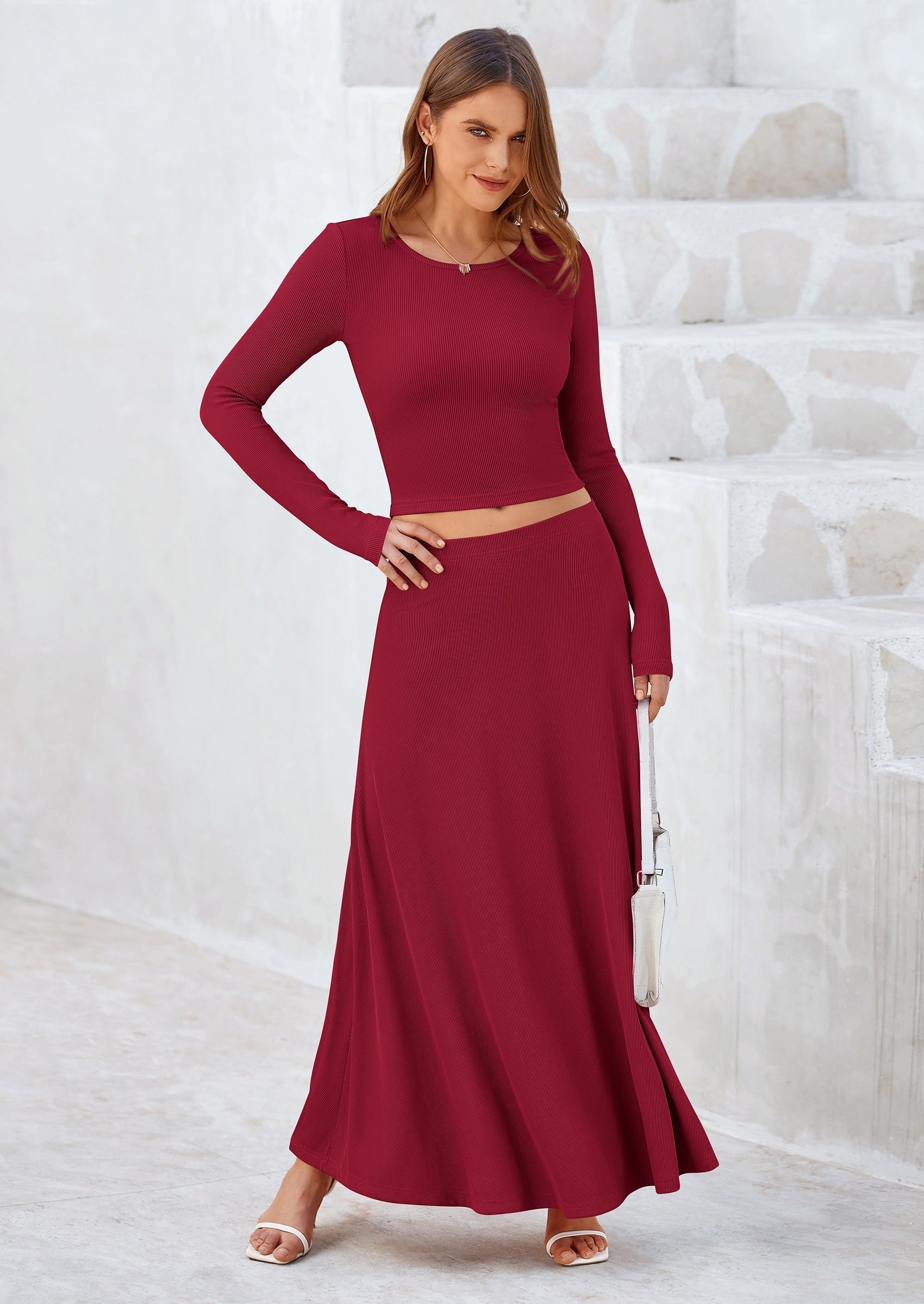 Osonn 2 Piece Casual Ribbed Knit Long Sleeve Crop Tops Maxi Flowy Skirts Matching Sets