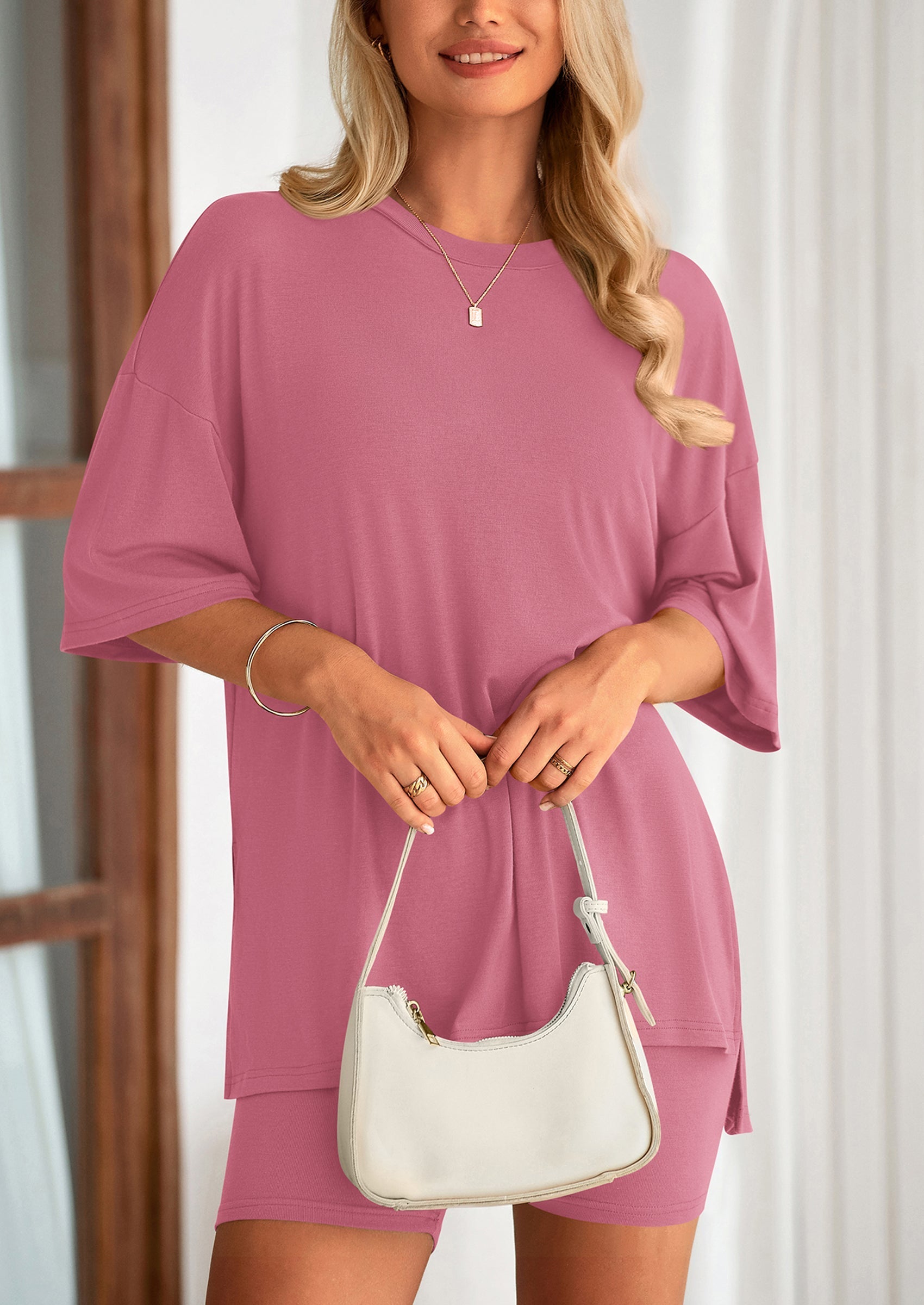 Osonn Women's Two Piece Lounge Set Summer Casual Oversized Shirts Biker Shorts Matching Airport Travel Outfit