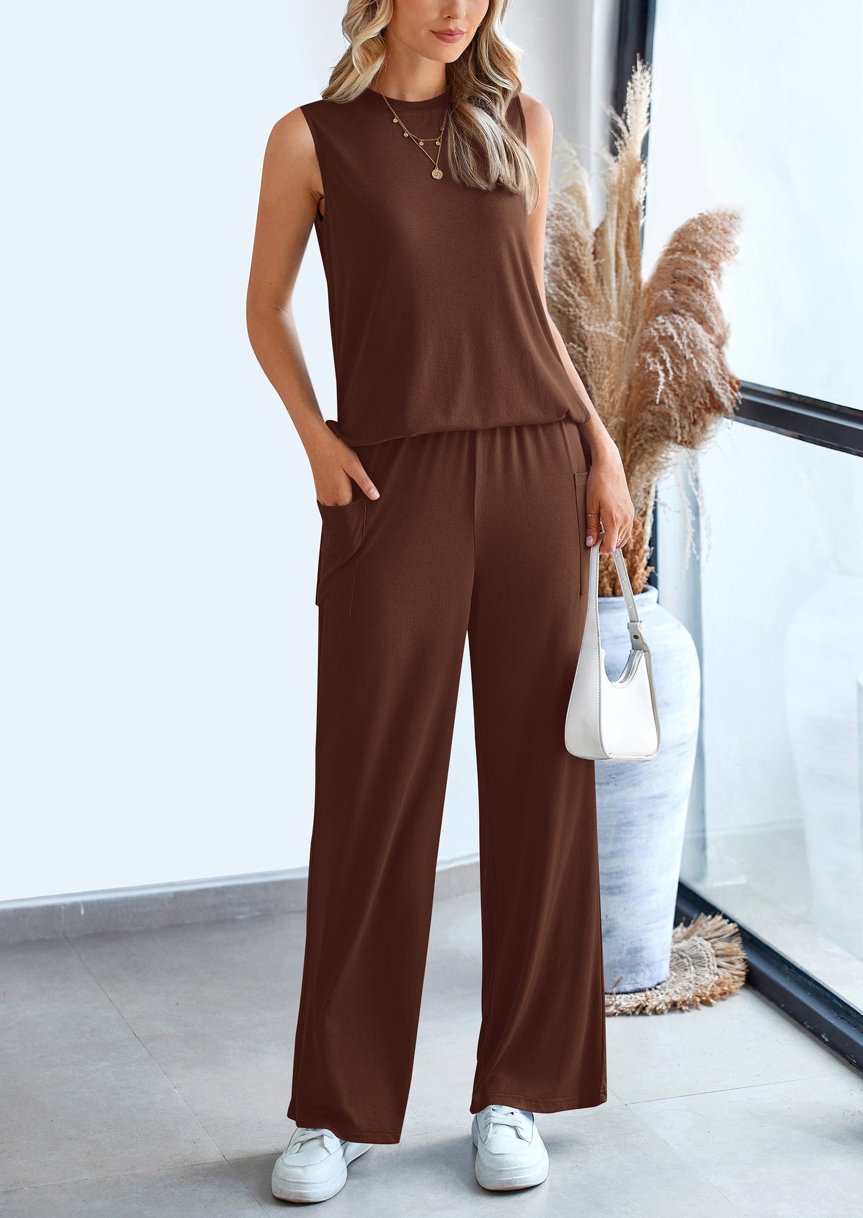 Osonn 2 Piece Set Loose Tank Top Wide Leg Pants Casual Matching Outfits Tracksuit