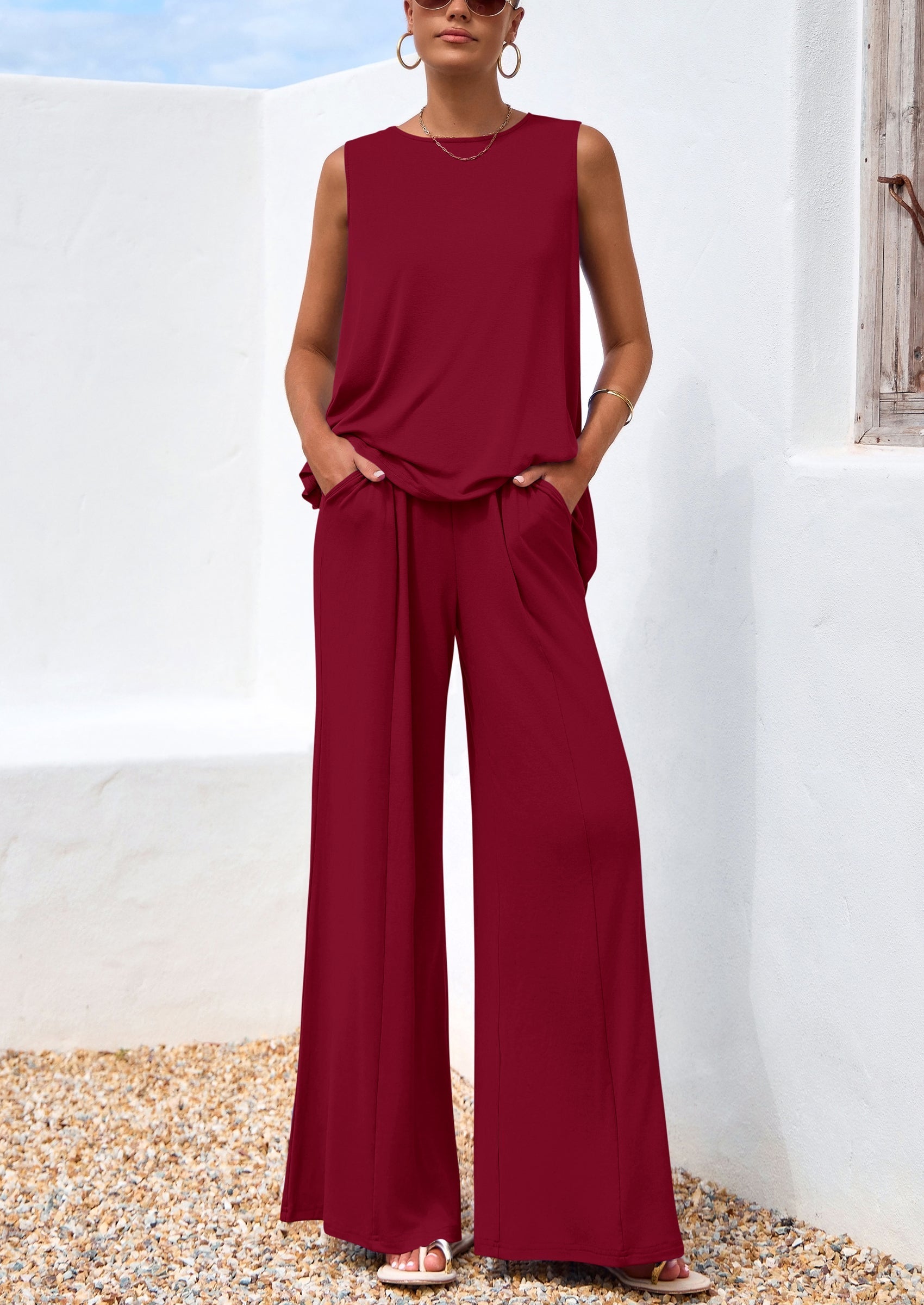 Osonn Women's Two Piece Matching Lounge Sets Asymmetrical Split Tank Tops Wide Leg Pants Summer Outfits Tracksuit