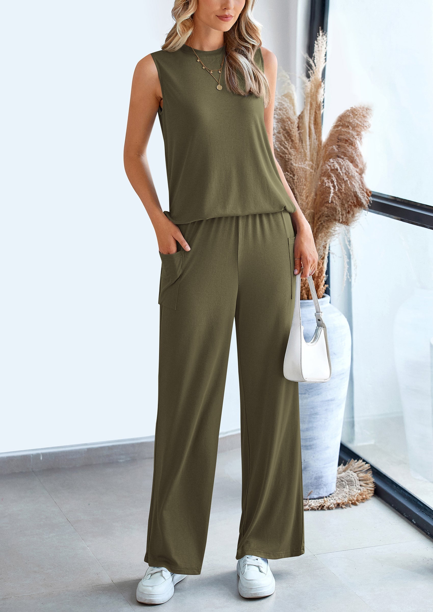 Osonn 2 Piece Set Loose Tank Top Wide Leg Pants Casual Matching Outfits Tracksuit