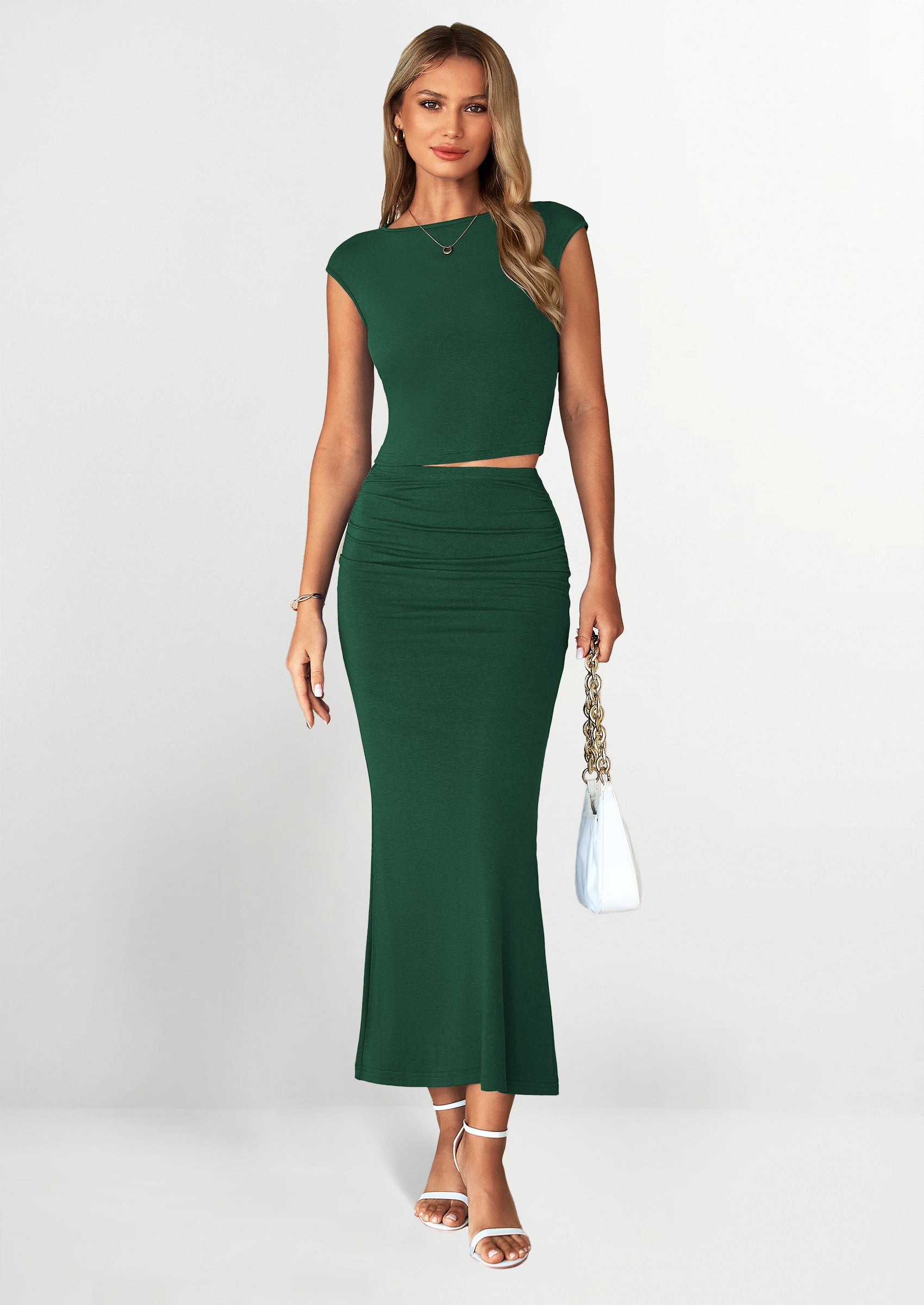 Osonn Summer 2 Piece Sets for Women Going Out Casual Cap Sleeve Crop Tops Ruched Maxi Long Skirts Spring Outfits
