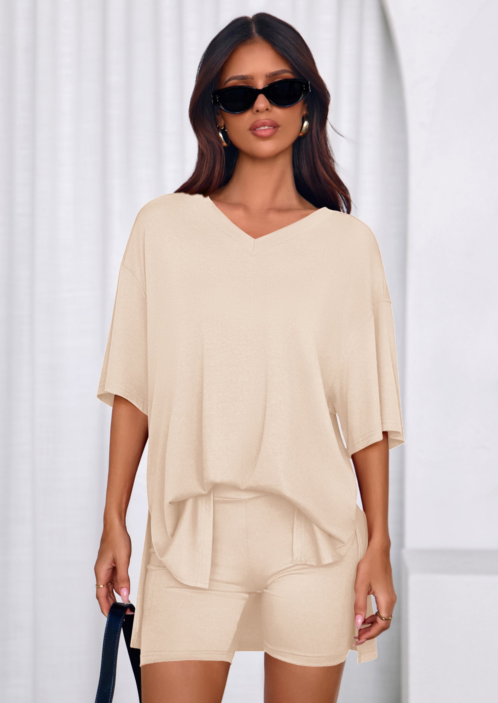 Osonn 2 Piece Sets for Women Summer Lounge Short Set Spring Matching Biker Shorts V Neck Oversized Shirt Clothing