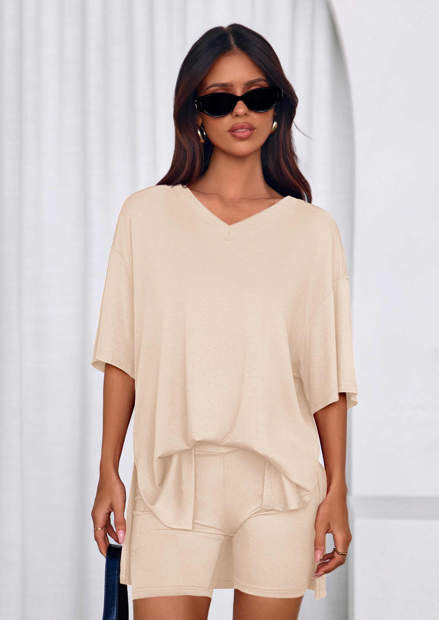 Osonn 2 Piece Sets for Women Summer Lounge Short Set Spring Matching Biker Shorts V Neck Oversized Shirt Clothing