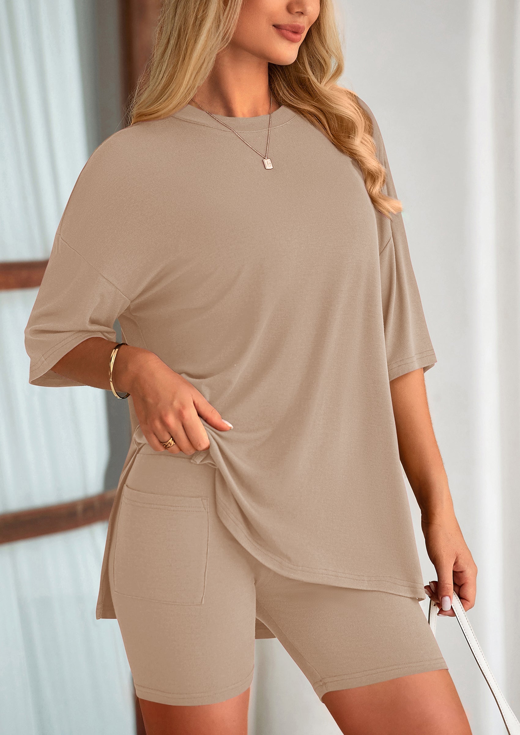 Osonn Women's Two Piece Lounge Set Summer Casual Oversized Shirts Biker Shorts Matching Airport Travel Outfit