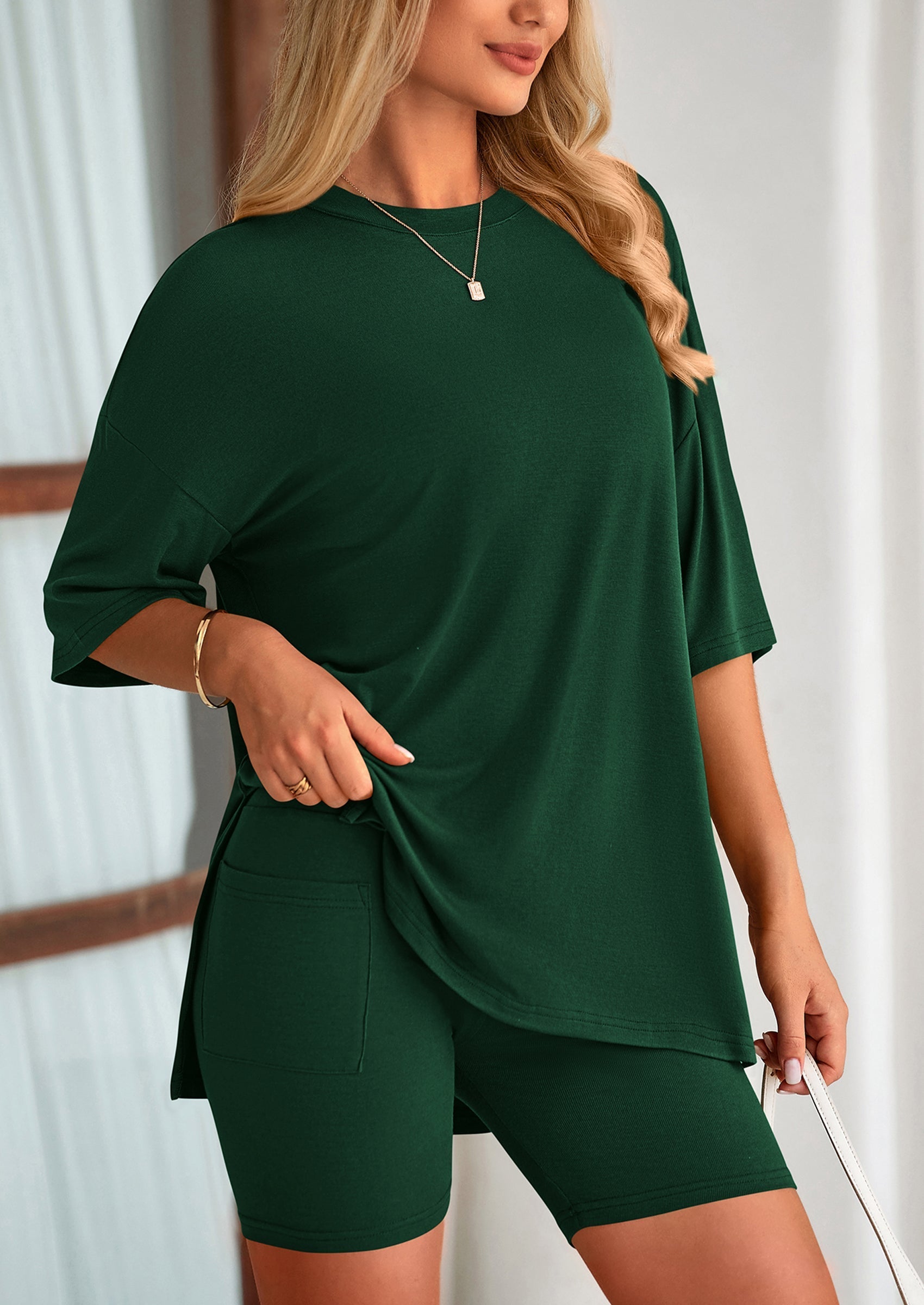 Osonn Women's Two Piece Lounge Set Summer Casual Oversized Shirts Biker Shorts Matching Airport Travel Outfit