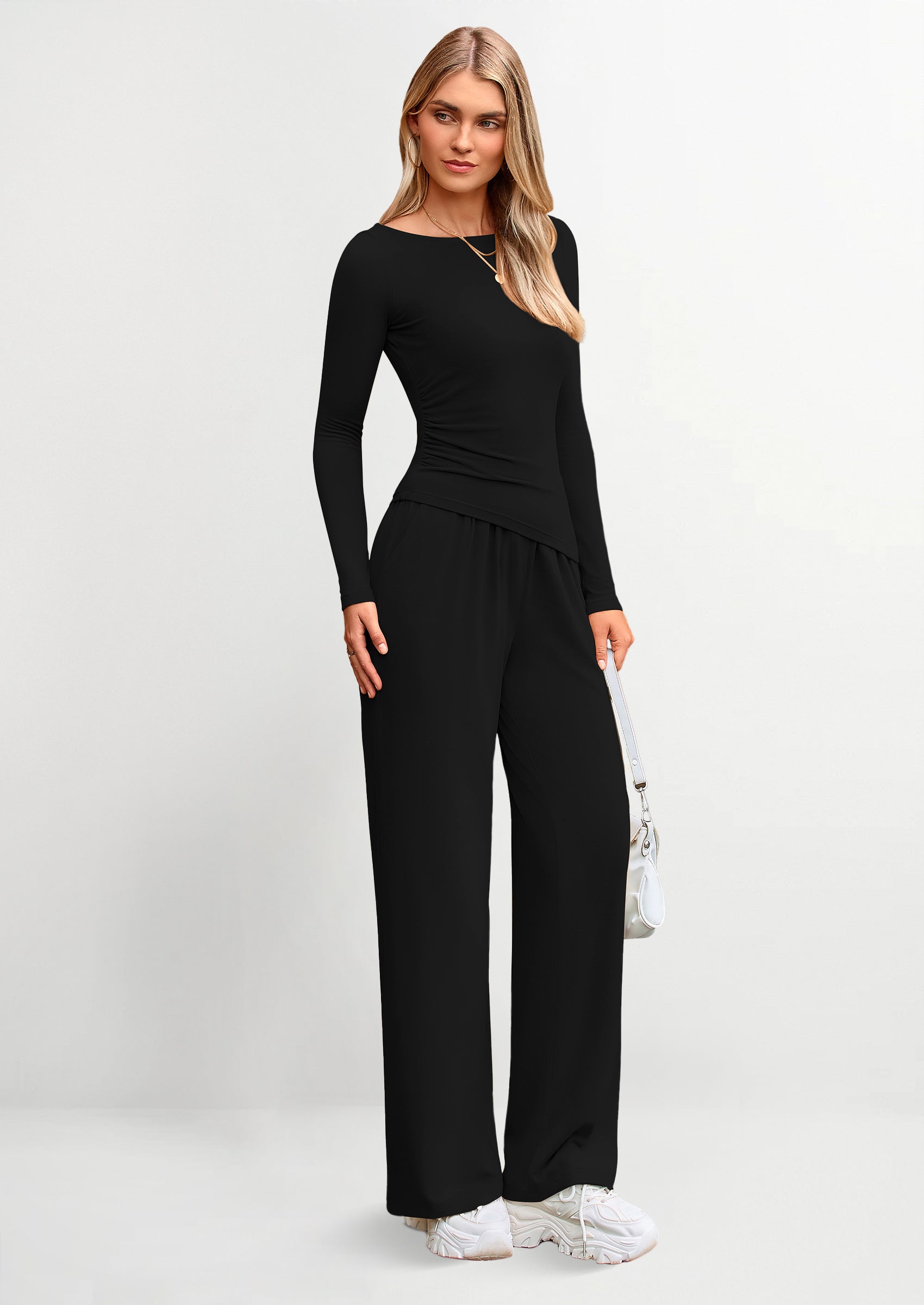 Osonn Women's 2 Piece Lounge Sets Asymmetrical Long Sleeve T Shirt Wide Leg Pants Casual Outfits Tracksuit