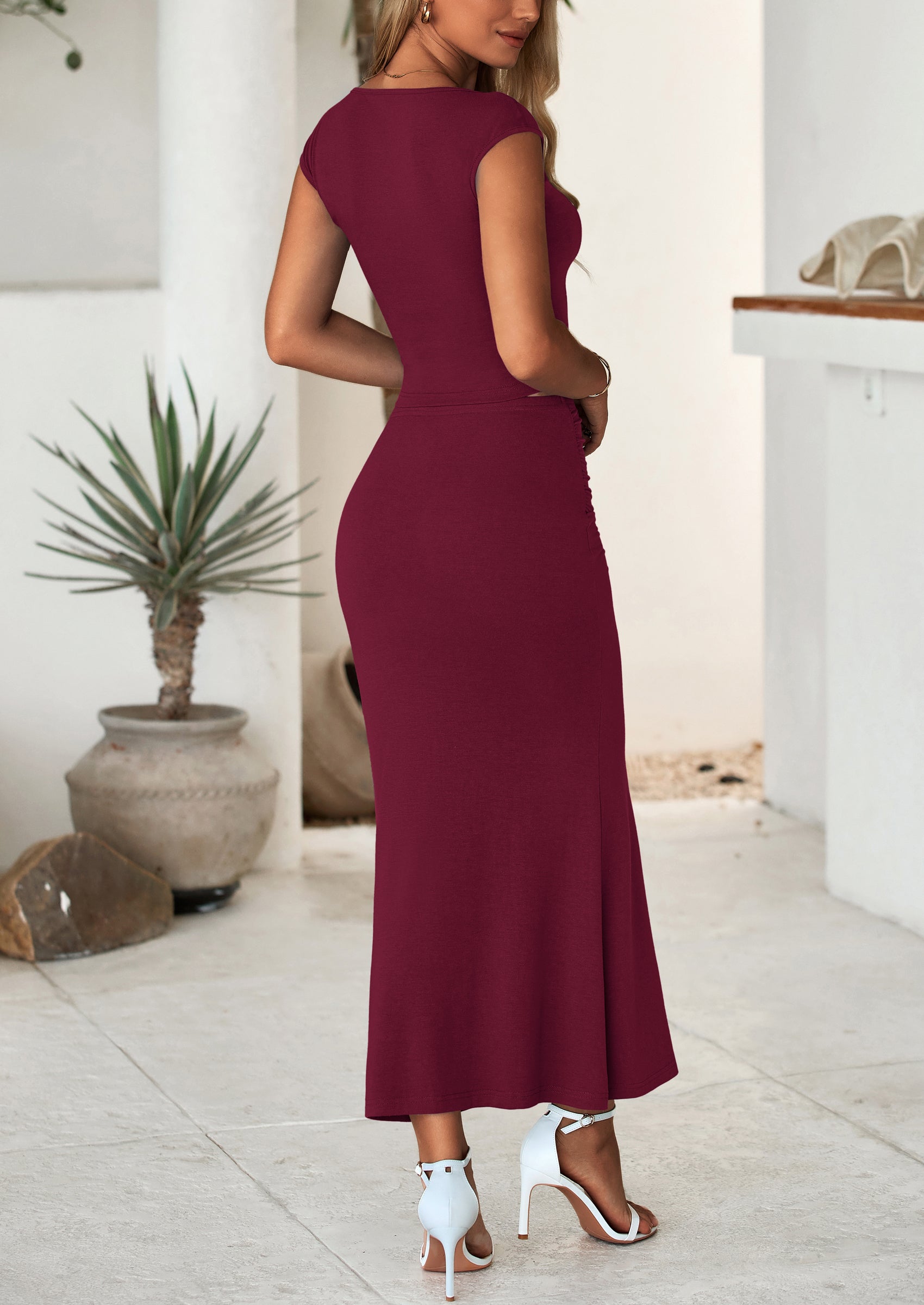 Osonn Summer 2 Piece Sets for Women Going Out Casual Cap Sleeve Crop Tops Ruched Maxi Long Skirts Spring Outfits