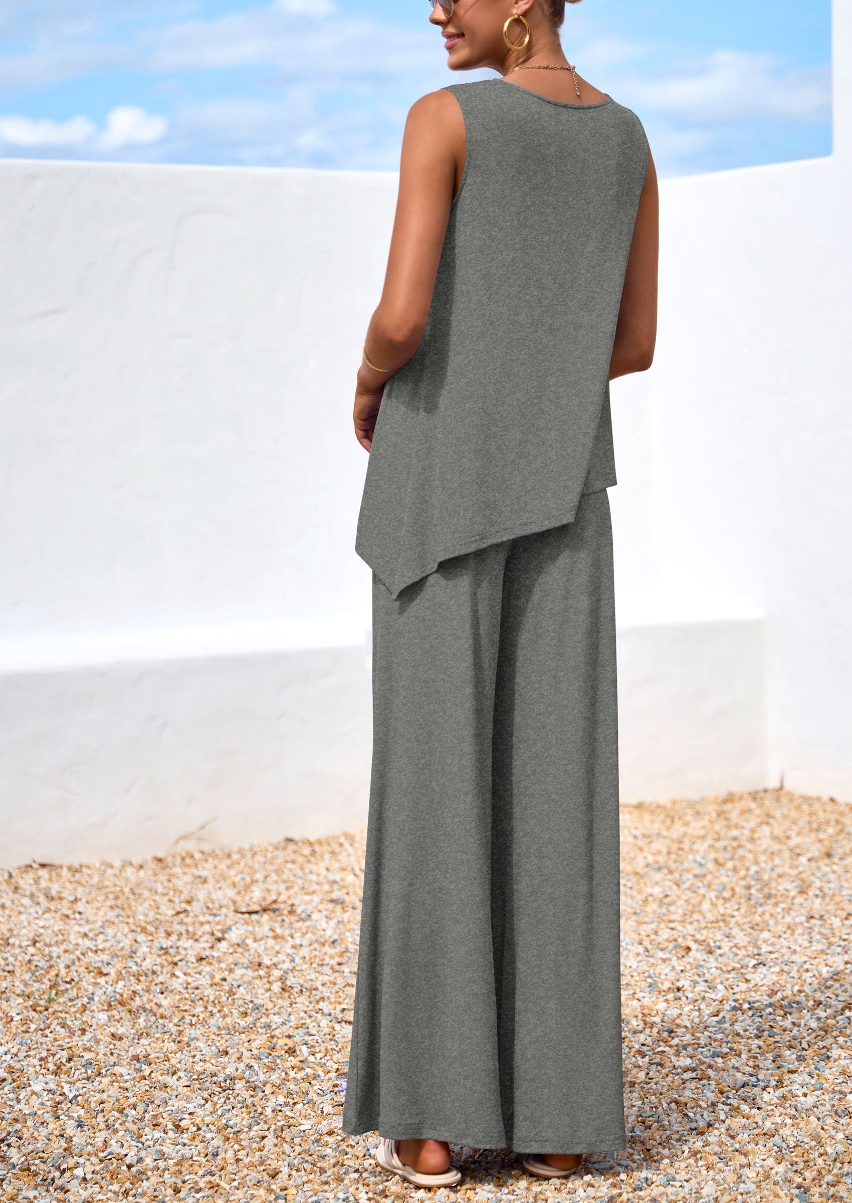Osonn Women's Two Piece Matching Lounge Sets Asymmetrical Split Tank Tops Wide Leg Pants Summer Outfits Tracksuit