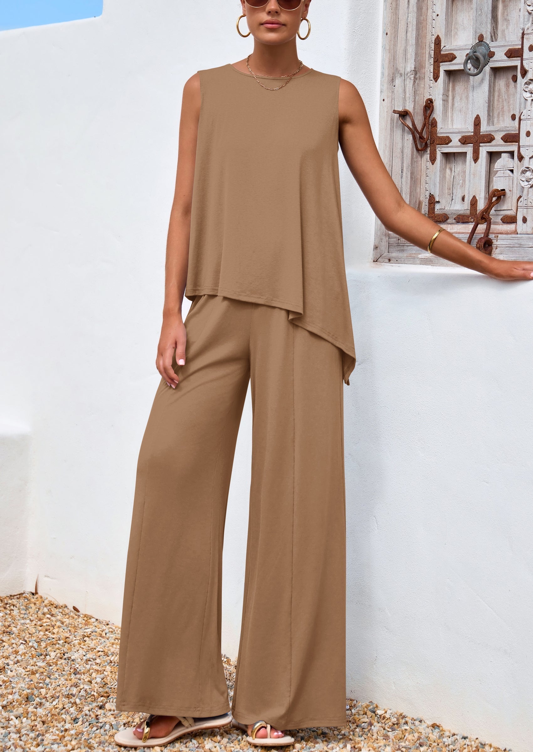 Osonn Women's Two Piece Matching Lounge Sets Asymmetrical Split Tank Tops Wide Leg Pants Summer Outfits Tracksuit