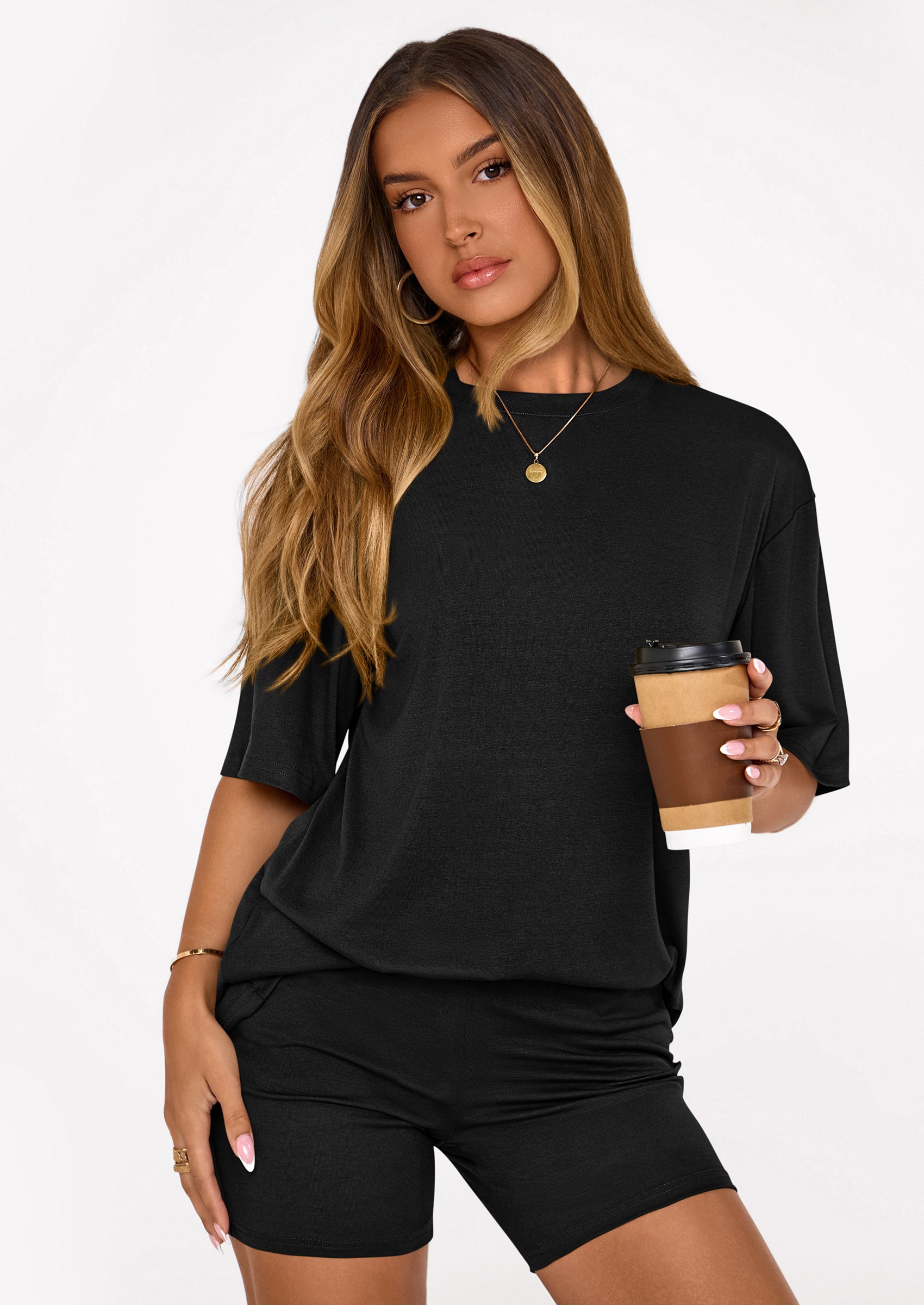 Osonn Women's Two Piece Matching Lounge Sets Summer Casual Tops Short Sleeve Shirts Shorts Travel Airport Outfits