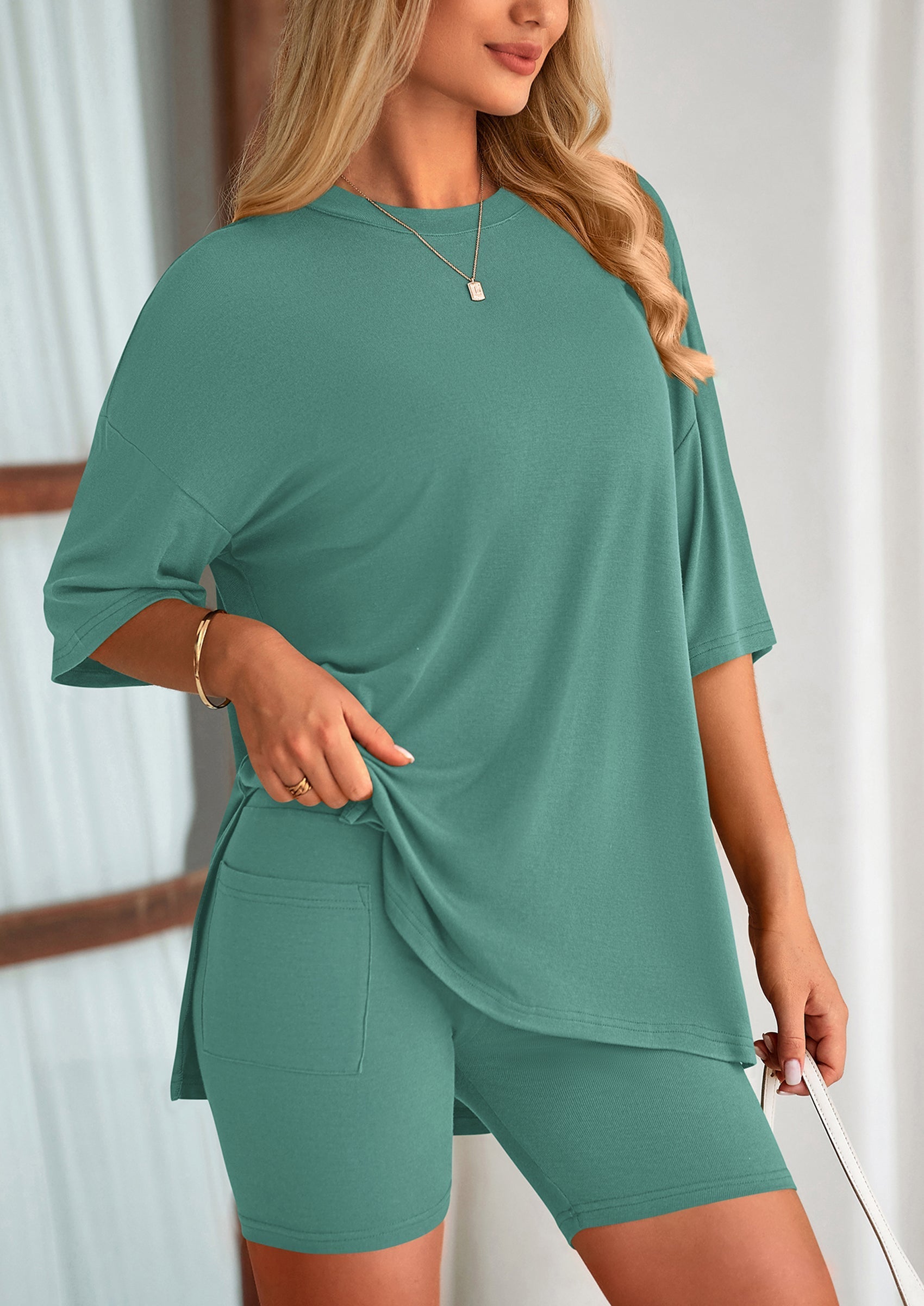 Osonn Women's Two Piece Lounge Set Summer Casual Oversized Shirts Biker Shorts Matching Airport Travel Outfit