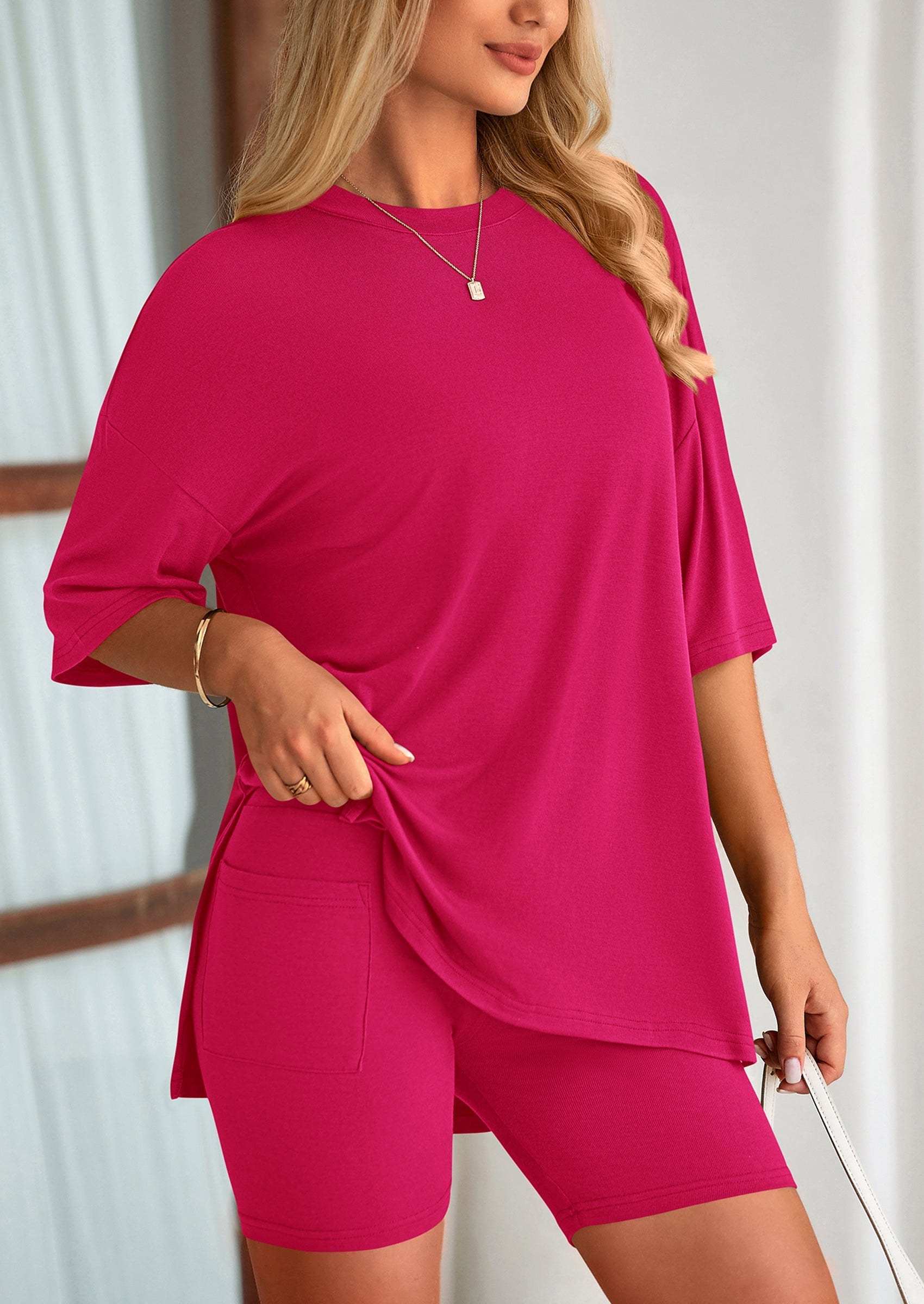Osonn Women's Two Piece Lounge Set Summer Casual Oversized Shirts Biker Shorts Matching Airport Travel Outfit
