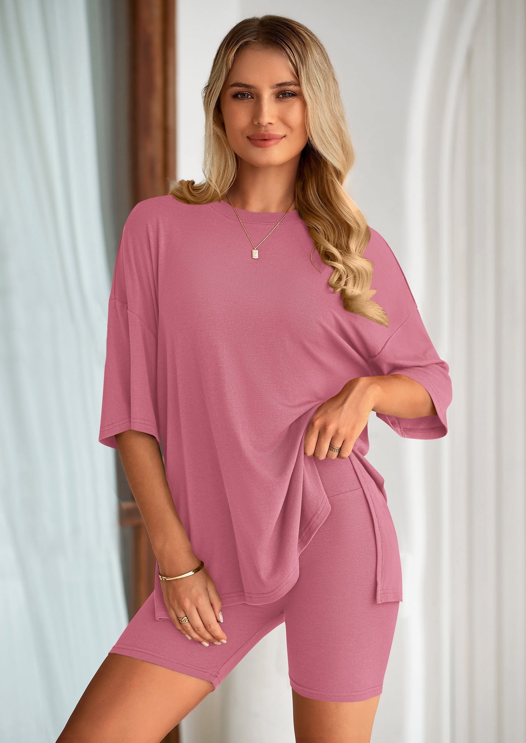 Osonn Women's Two Piece Lounge Set Summer Casual Oversized Shirts Biker Shorts Matching Airport Travel Outfit