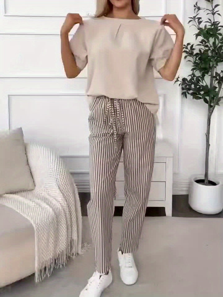 Women's Striped Wide-Leg Casual Pants - High-Waisted, Lightweight Polyester, Machine Washable, All-Season Comfort with Side Stripe Detail