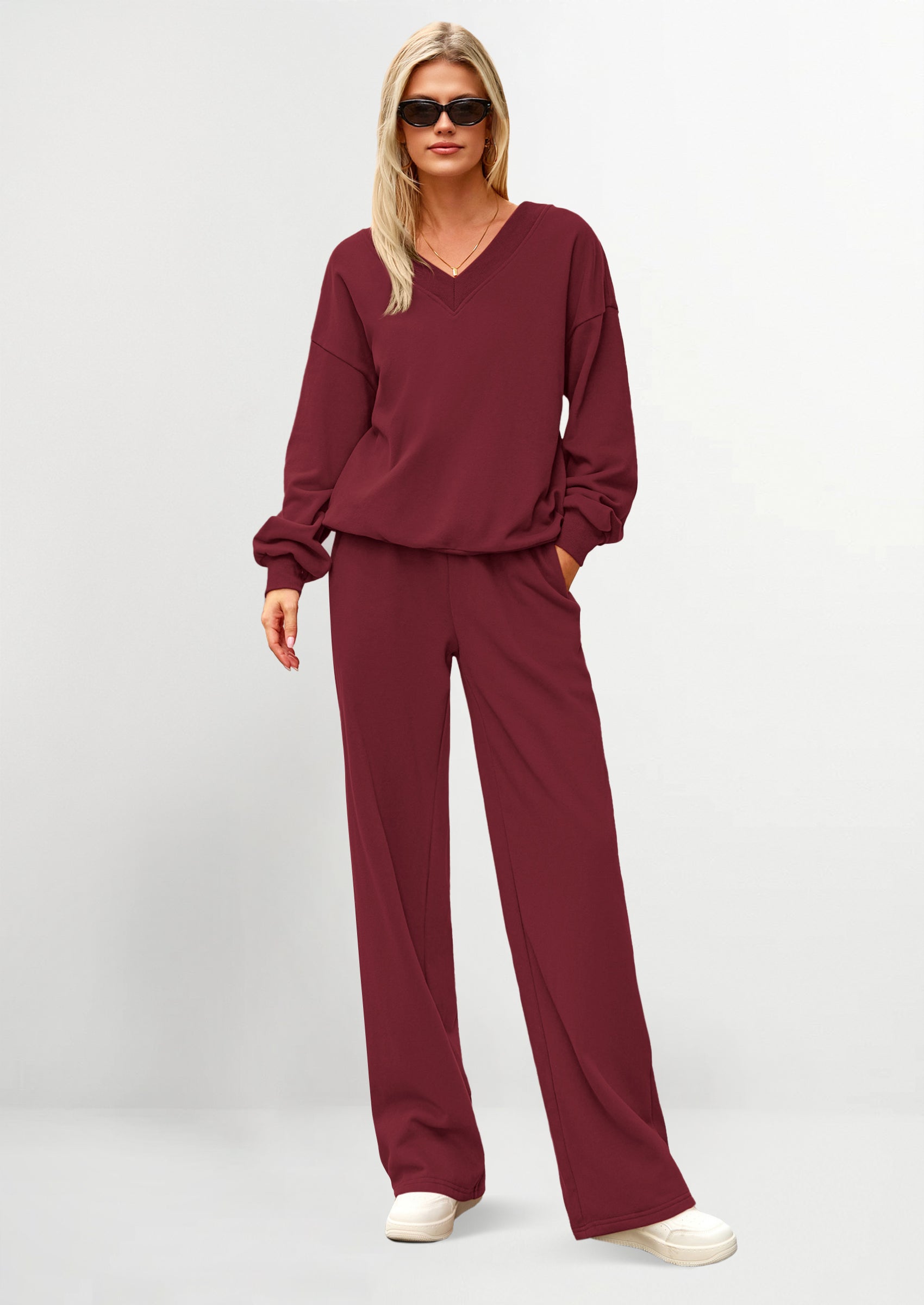 Osonn Casual Winter Two Piece Sets for Women V Neck Sweatshirt Loose Wide Leg Pants Tracksuit Knit Fall Outfits