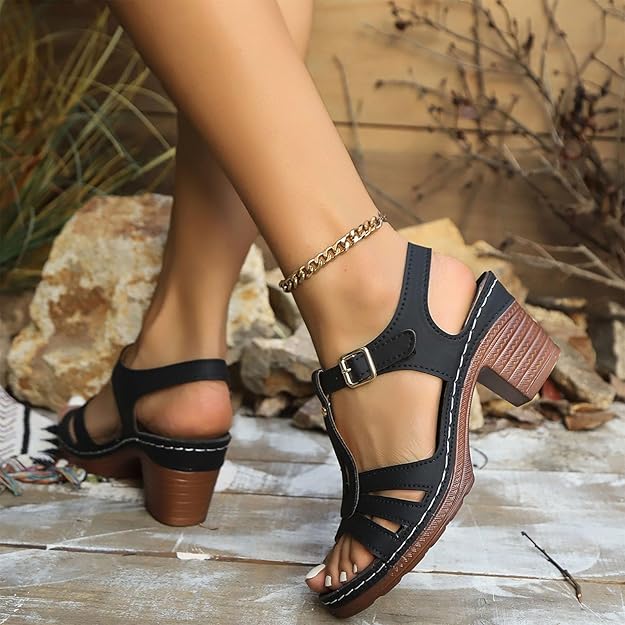 OSONN Women’s GraceStep Block Heel Sandals – Peep-Toe Buckle Summer Shoes (US 5–10.5)