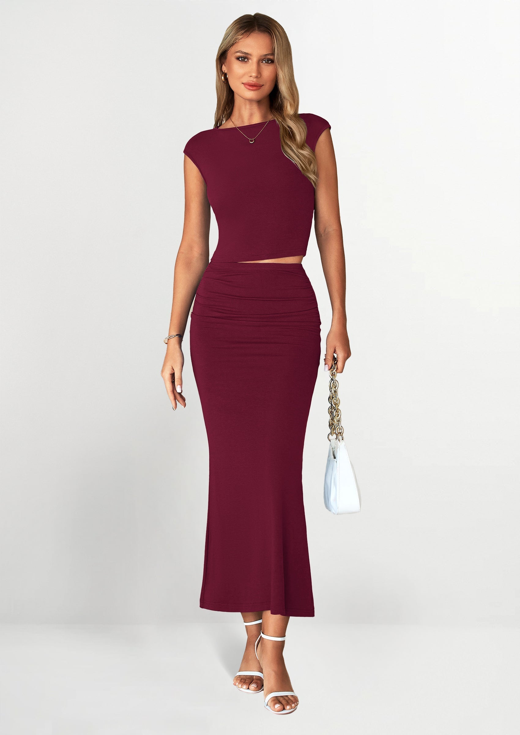Osonn Summer 2 Piece Sets for Women Going Out Casual Cap Sleeve Crop Tops Ruched Maxi Long Skirts Spring Outfits
