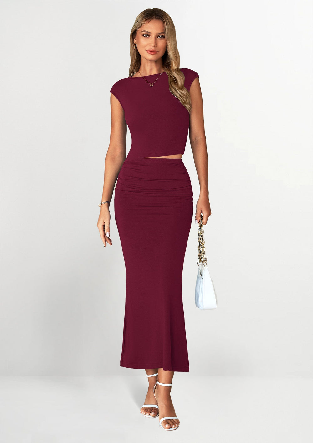 Osonn Summer 2 Piece Sets for Women Going Out Casual Cap Sleeve Crop Tops Ruched Maxi Long Skirts Spring Outfits