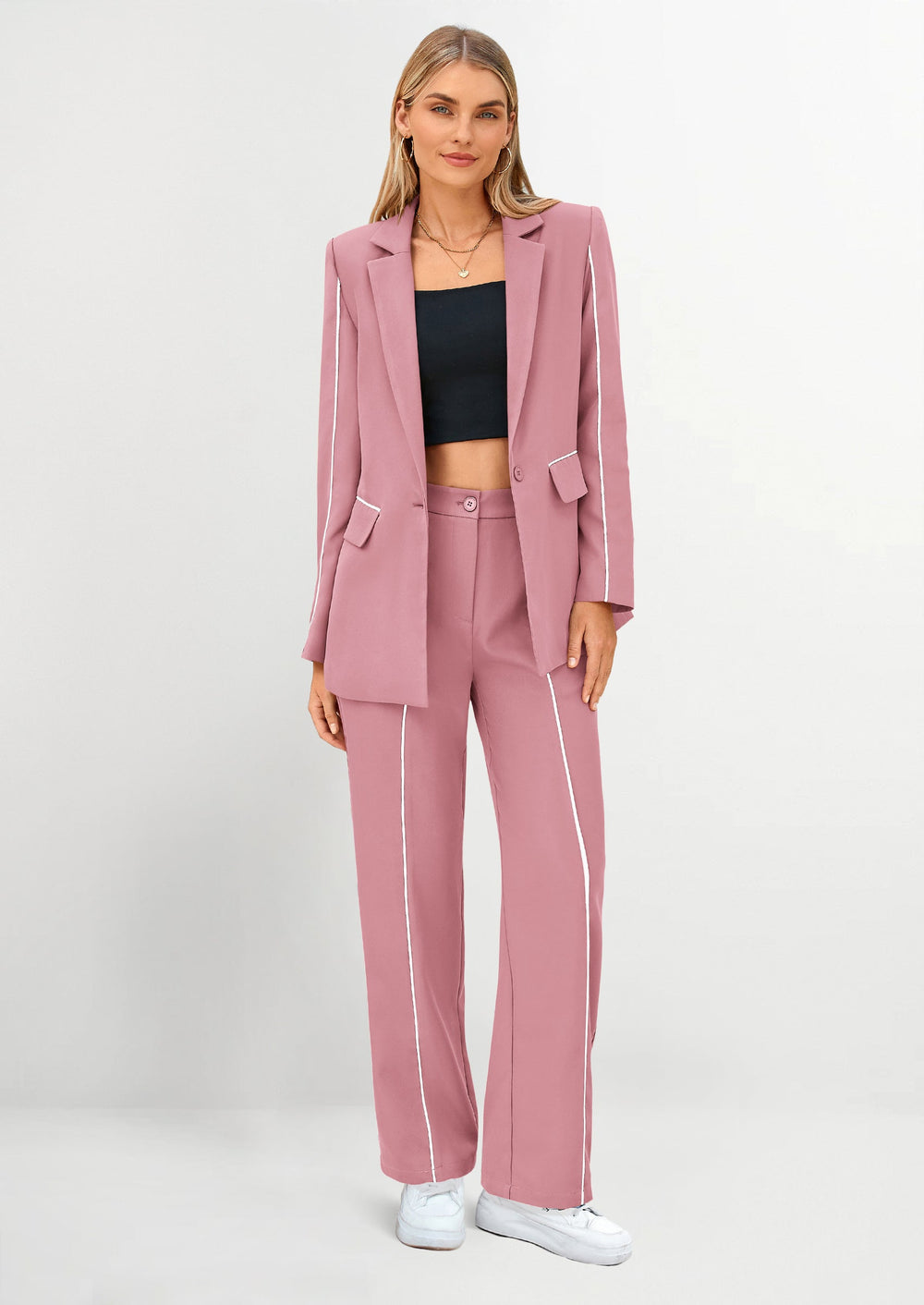 Osonn 2 Piece Blazer Outfits Business Casual Oversized Jacket Wide Leg Work Pants Dressy Suit Set