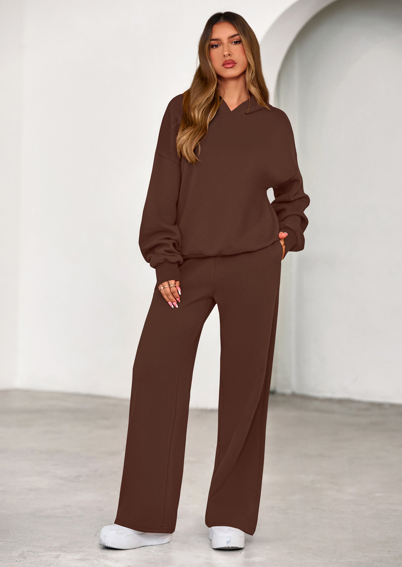 Osonn Womens Sweatsuits 2 Piece Set Casual Winter Long Sleeve Hoodie Loose Wide Leg Sweatpants Fall Tracksuit