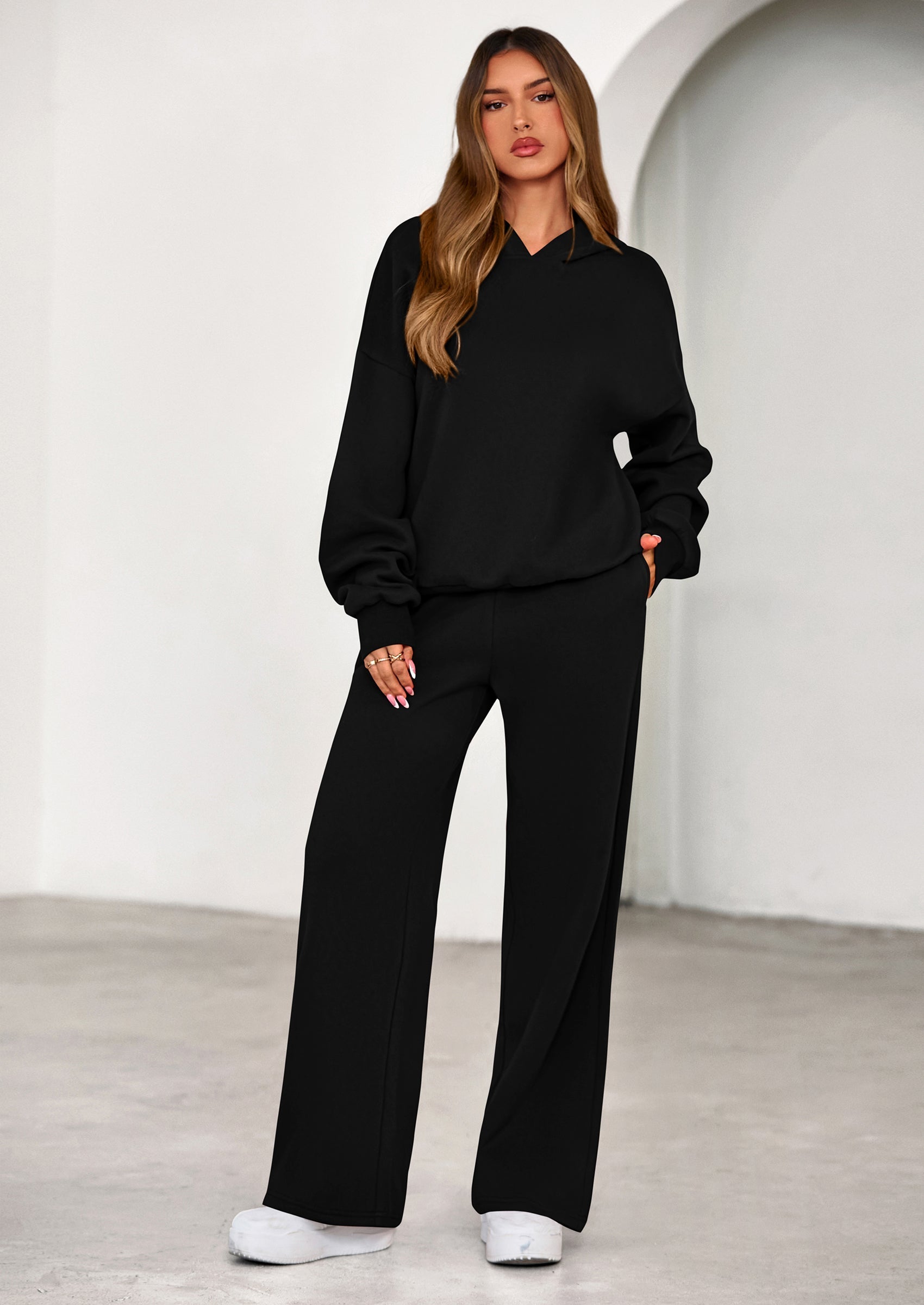 Osonn Womens Sweatsuits 2 Piece Set Casual Winter Long Sleeve Hoodie Loose Wide Leg Sweatpants Fall Tracksuit