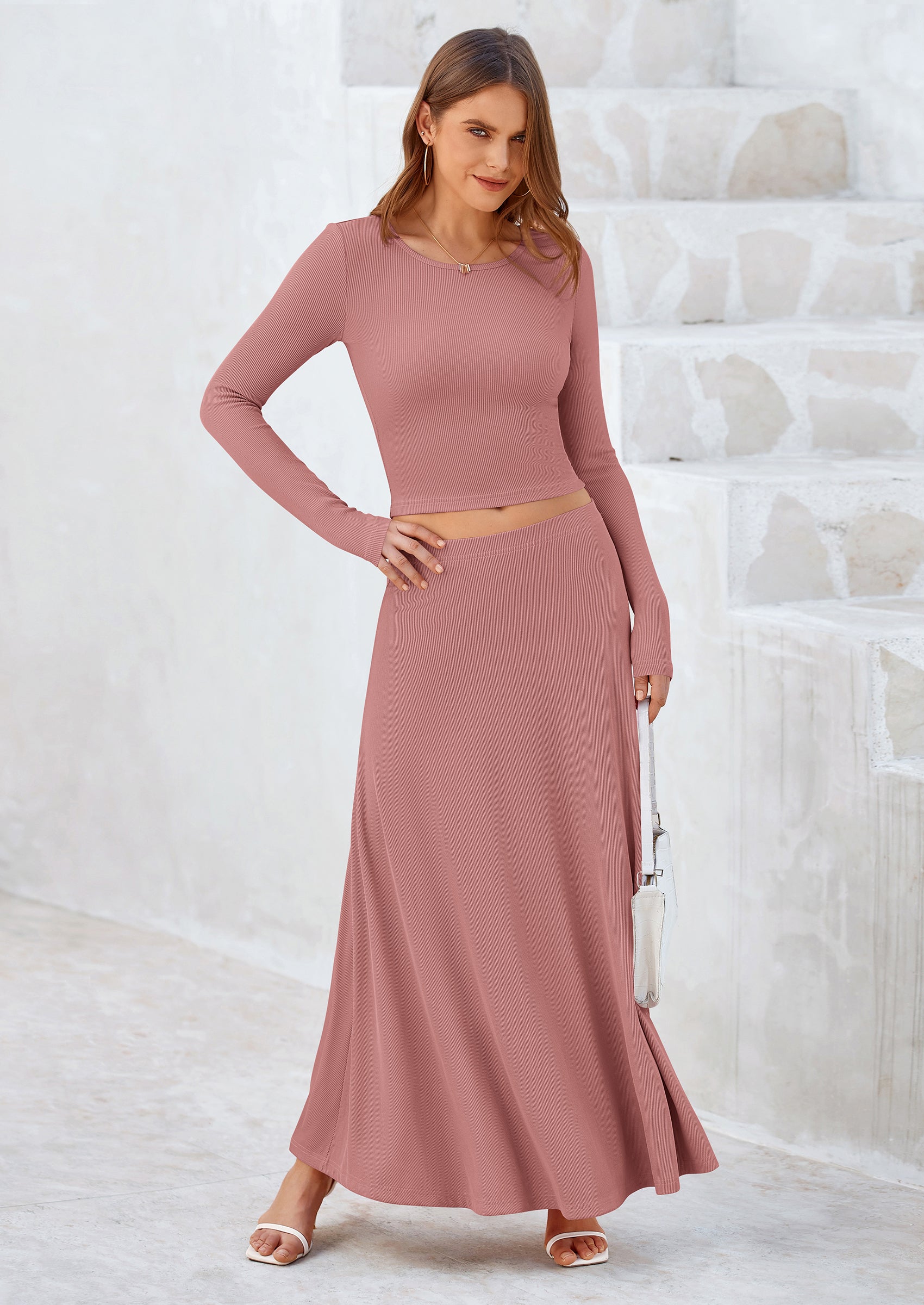 Osonn 2 Piece Casual Ribbed Knit Long Sleeve Crop Tops Maxi Flowy Skirts Matching Sets