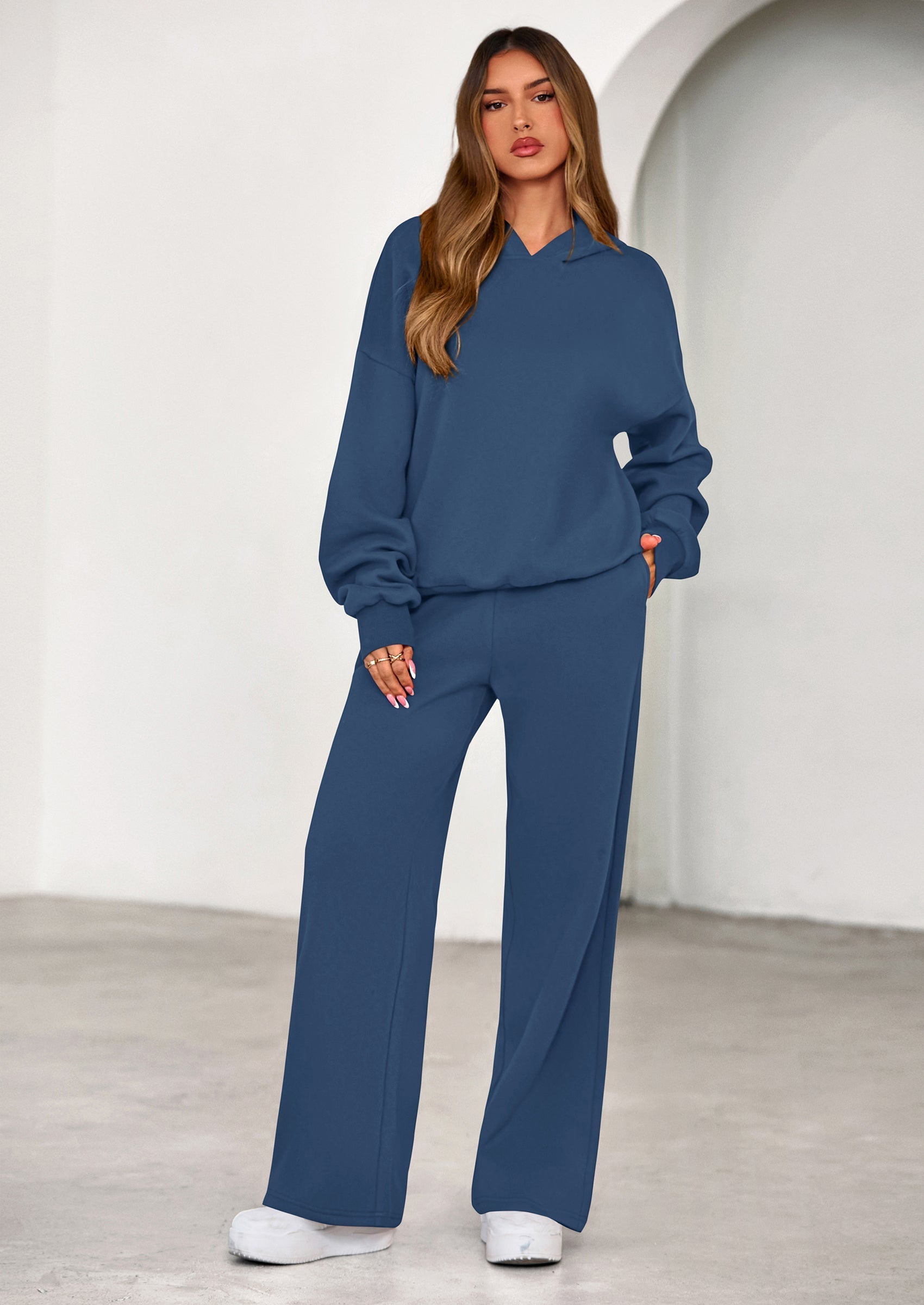 Osonn Womens Sweatsuits 2 Piece Set Casual Winter Long Sleeve Hoodie Loose Wide Leg Sweatpants Fall Tracksuit