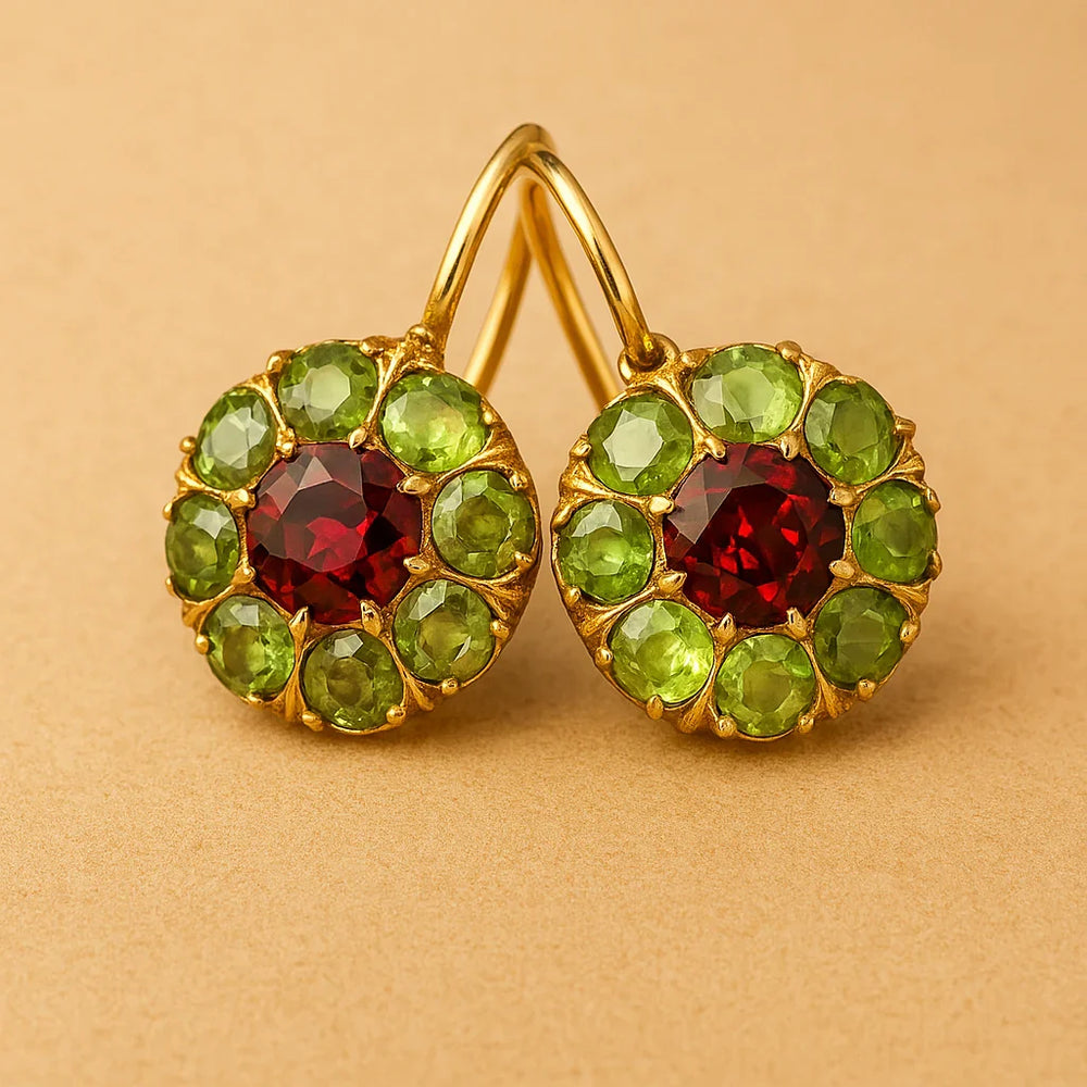 Vintage Rounded Green Red Crystal Earrings — image 1