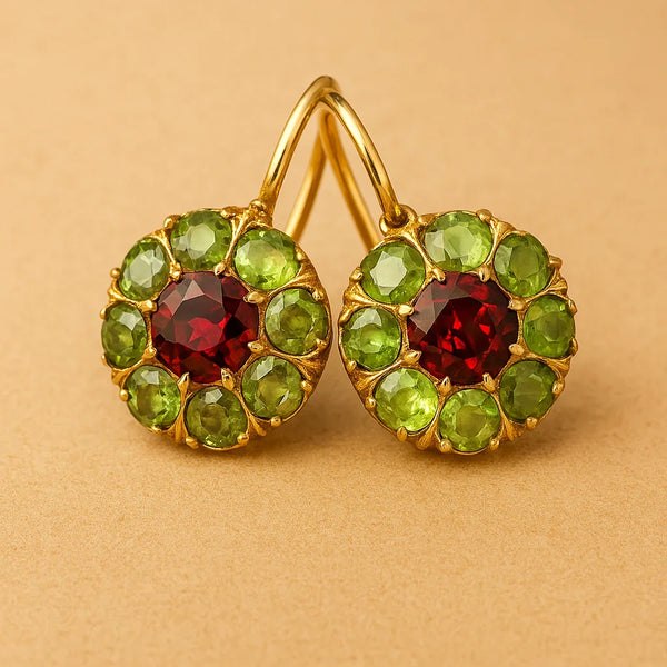 Vintage Rounded Green Red Crystal Earrings — image 1