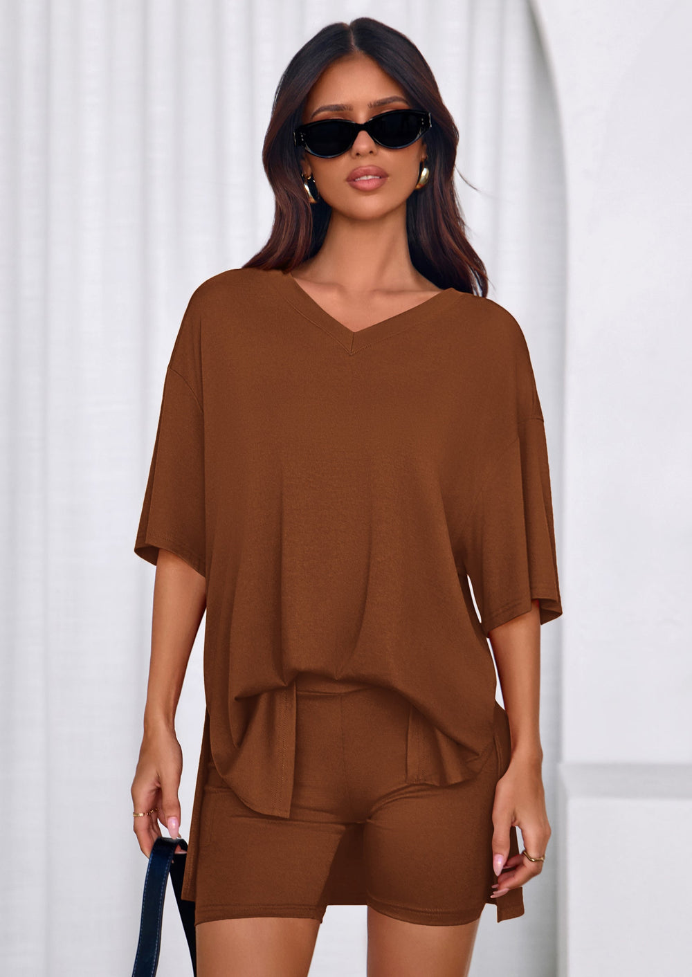 Osonn 2 Piece Sets for Women Summer Lounge Short Set Spring Matching Biker Shorts V Neck Oversized Shirt Clothing
