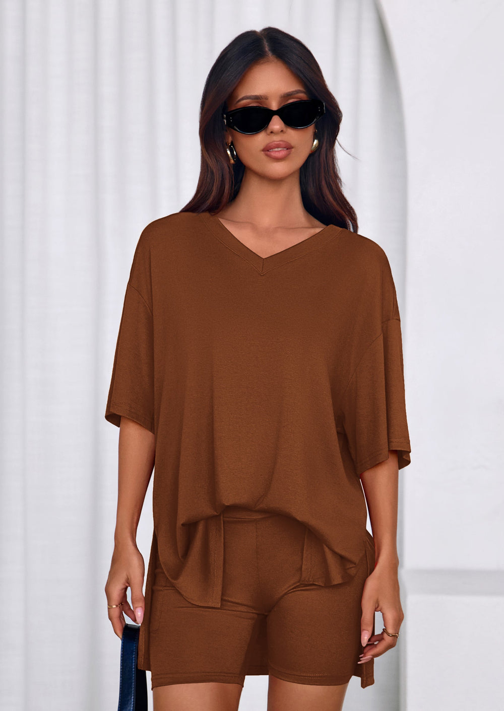 Osonn 2 Piece Sets for Women Summer Lounge Short Set Spring Matching Biker Shorts V Neck Oversized Shirt Clothing