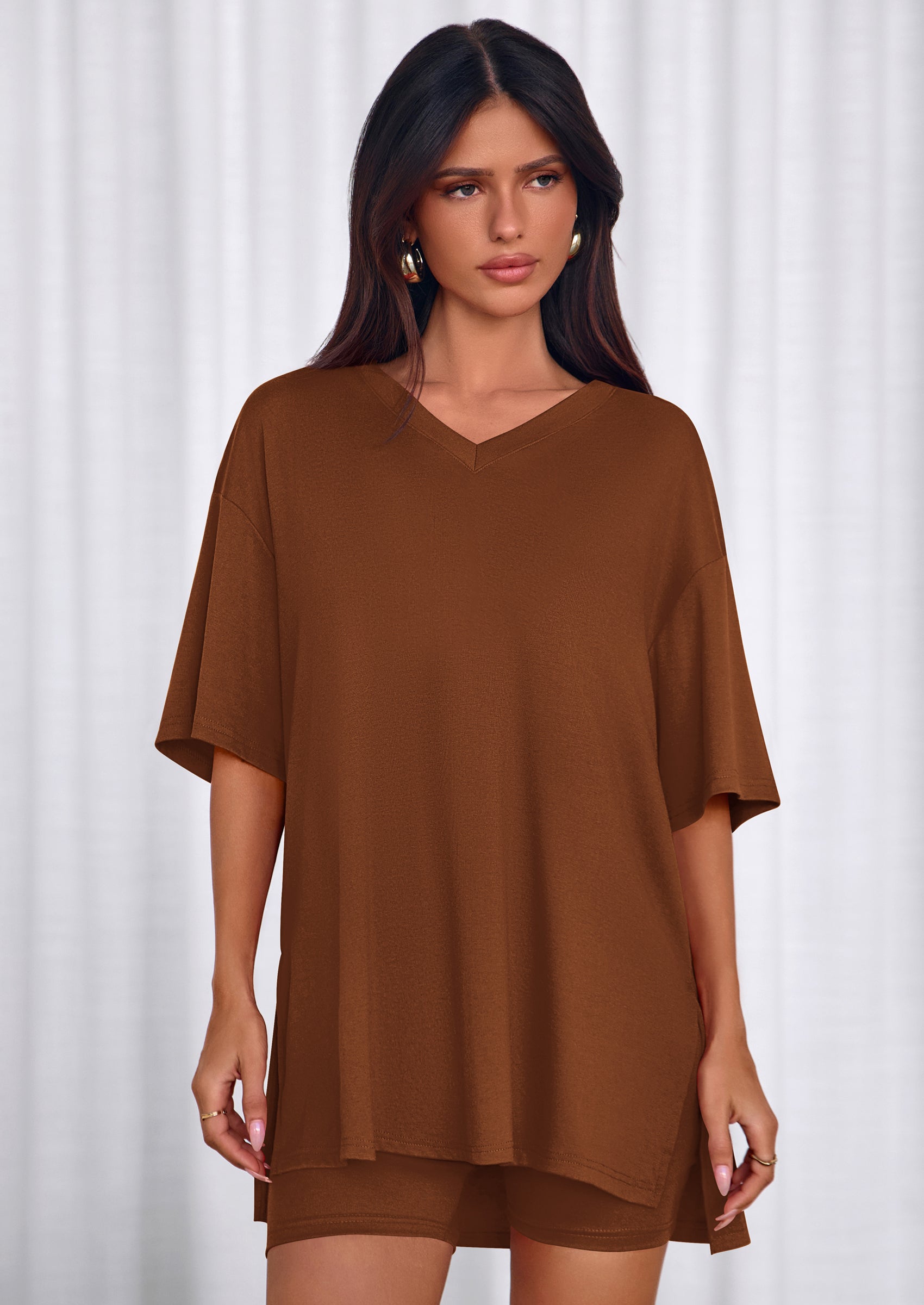 Osonn 2 Piece Sets for Women Summer Lounge Short Set Spring Matching Biker Shorts V Neck Oversized Shirt Clothing